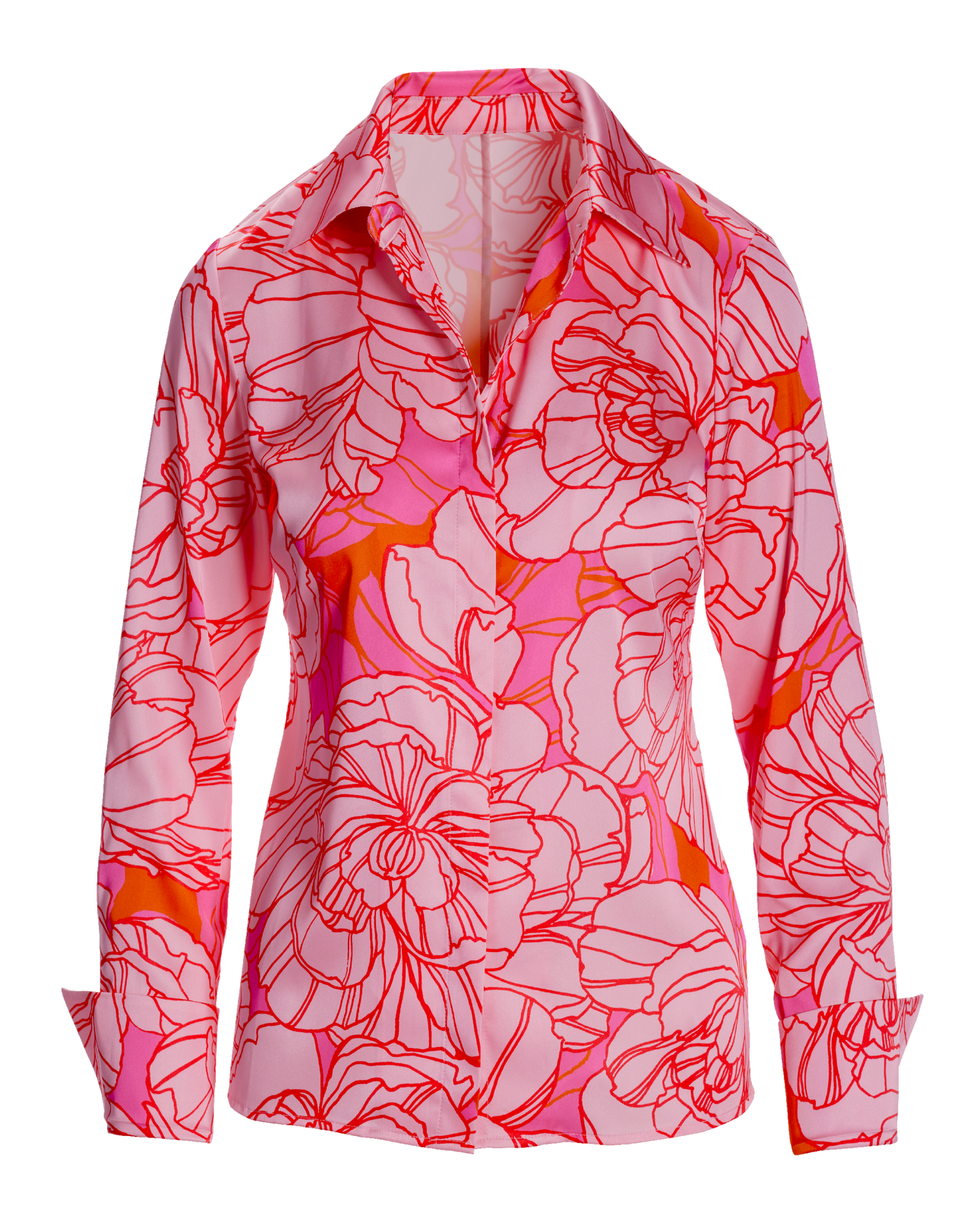 Blooming Outlines Print Sophia Button Up Charmeuse Blouse Pink