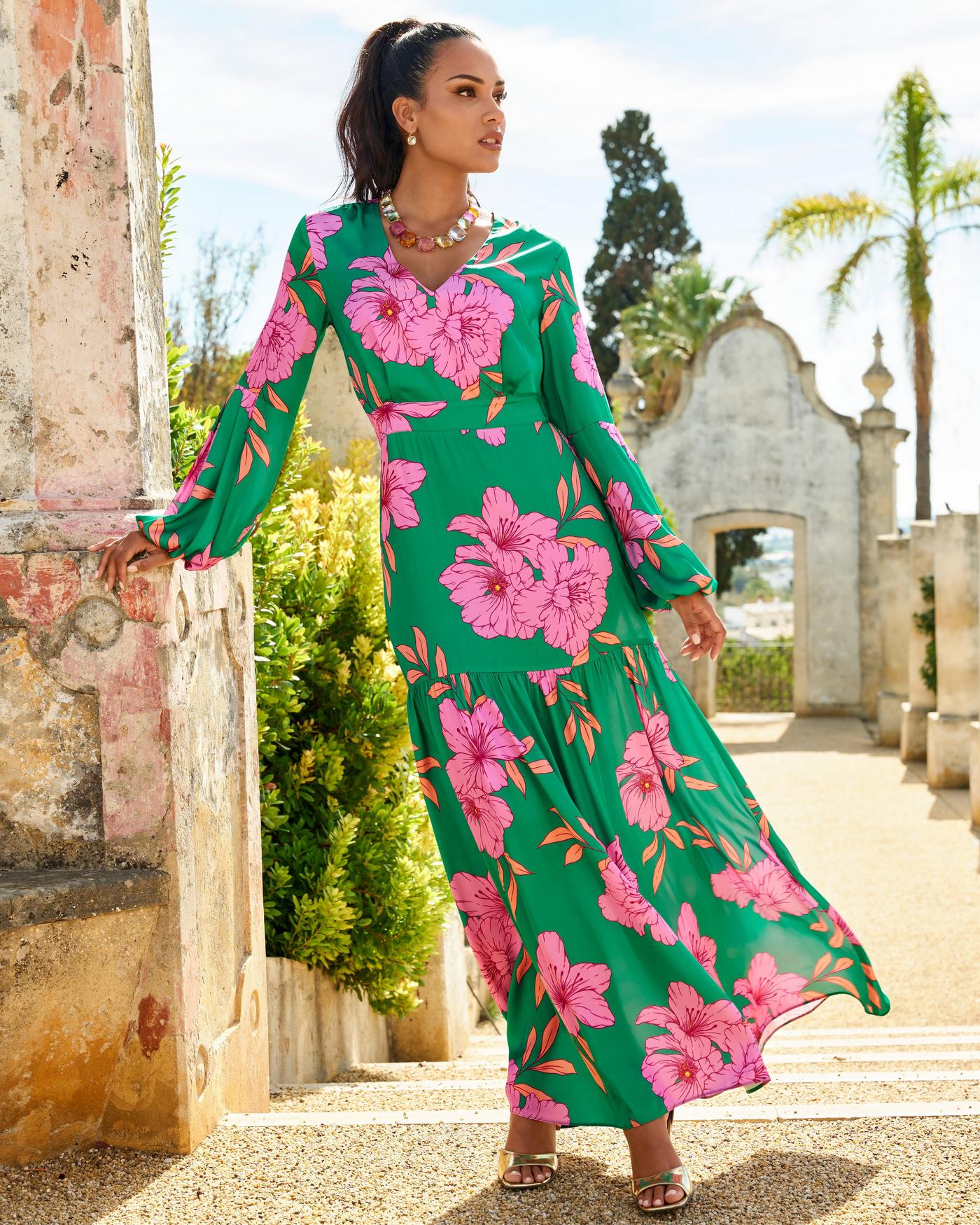 Floral print v neck long sleeve maxi clearance dress