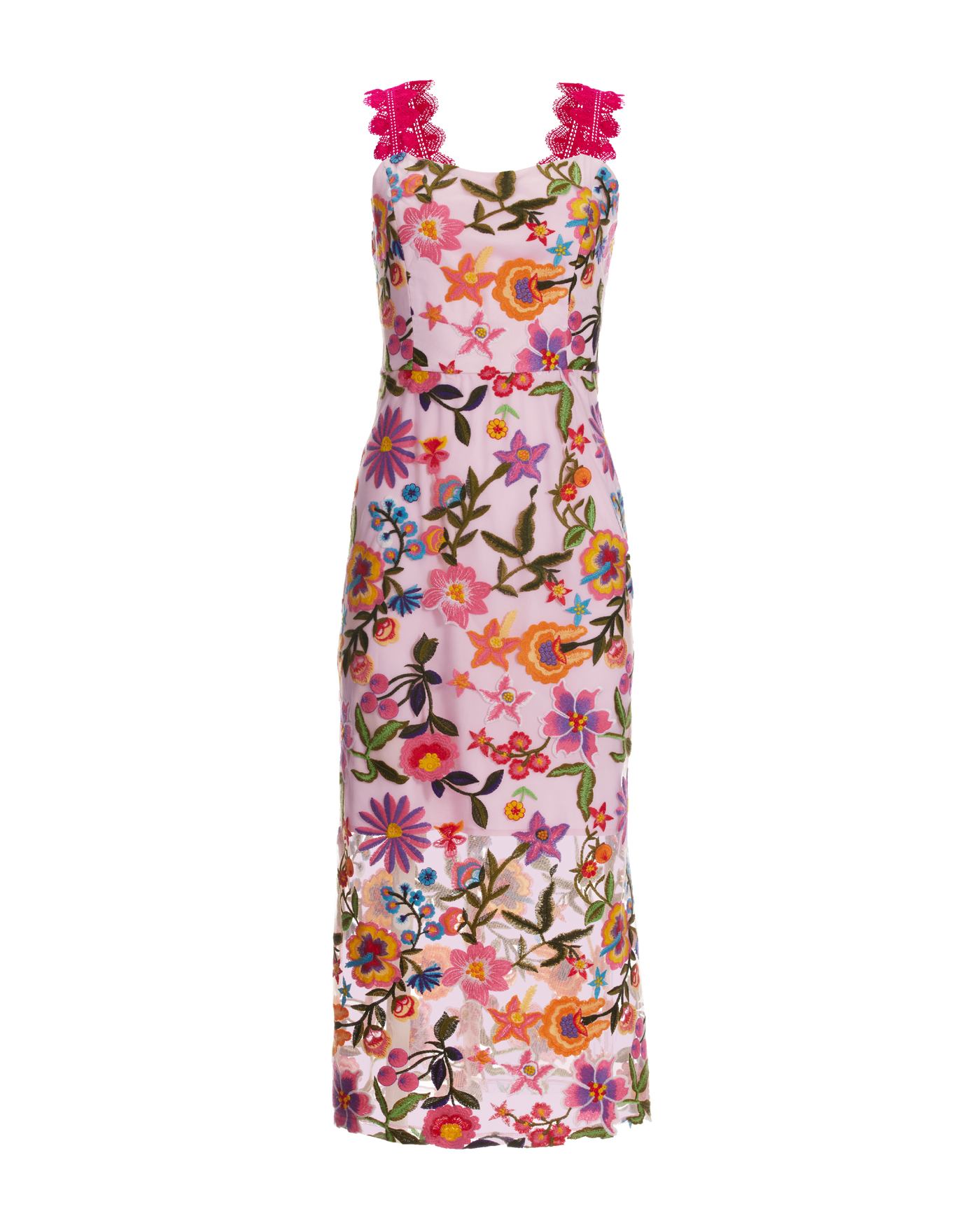 Embroidered Mesh Sheath Midi Dress Multi