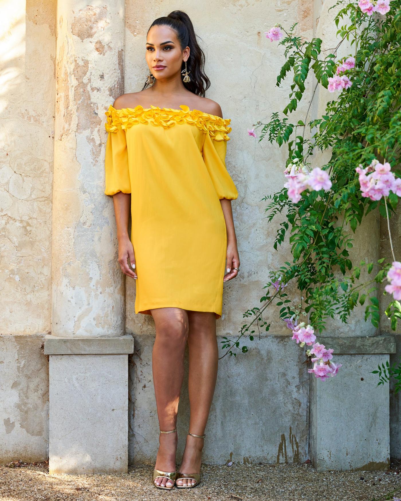 Mustard Yellow Lace Pom Special Occasion Dress