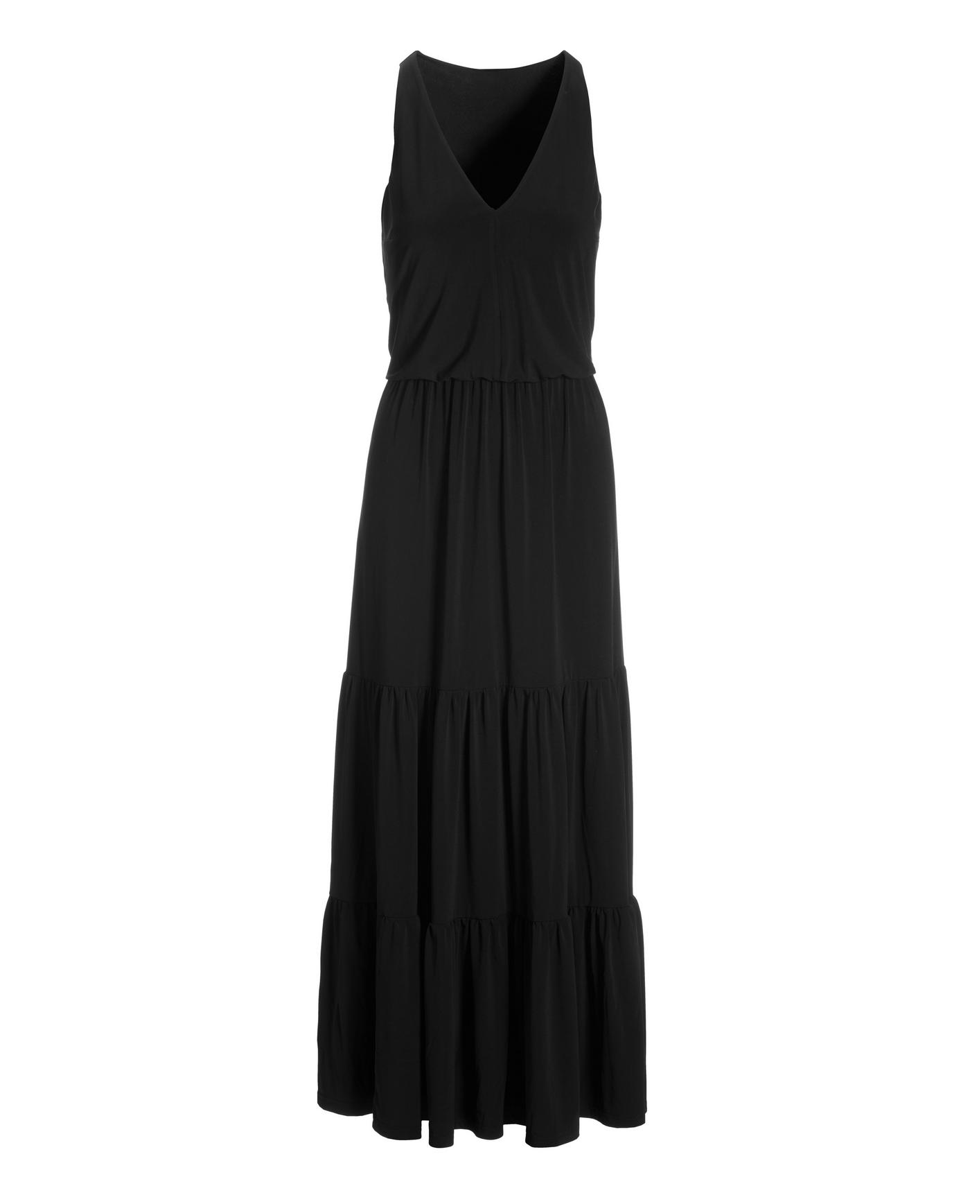 V Neck Blouson Tiered Knit Maxi Dress Black