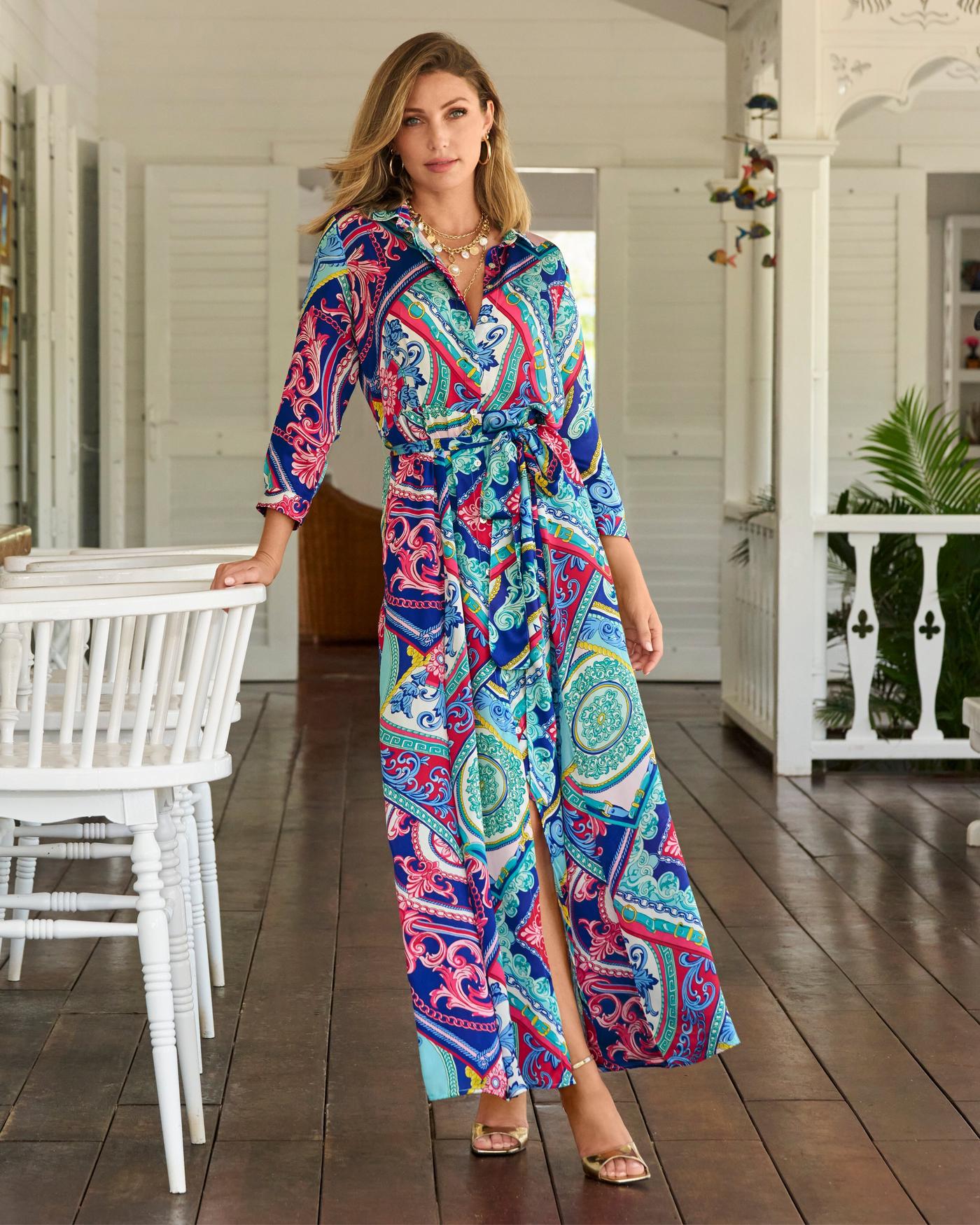 Luxe Tiles Print Charmeuse Maxi Shirt Dress Multi