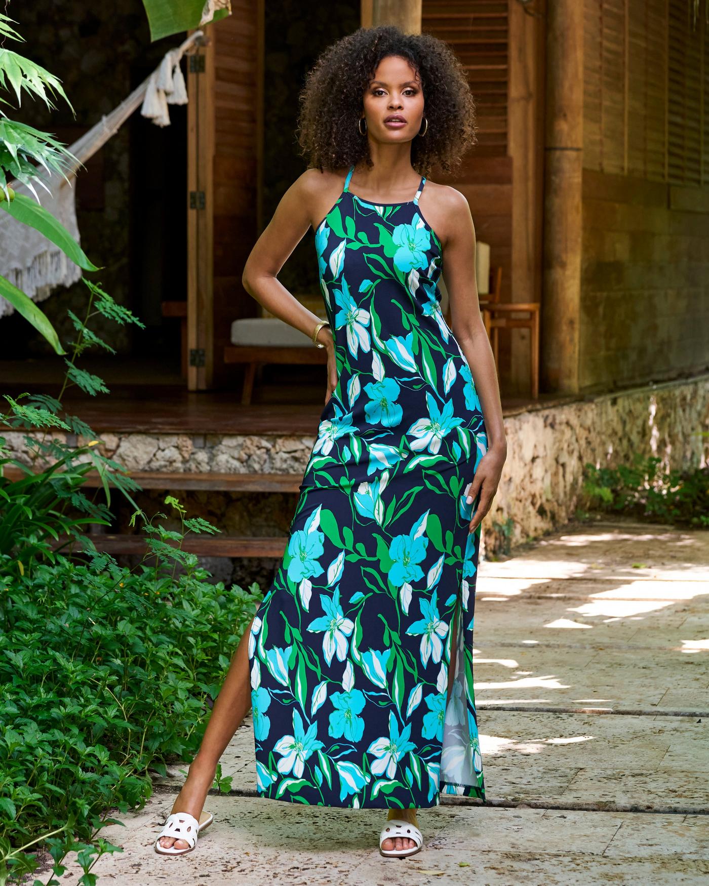 High Neck Sleeveless Maxi Dress in Green | SilkFred