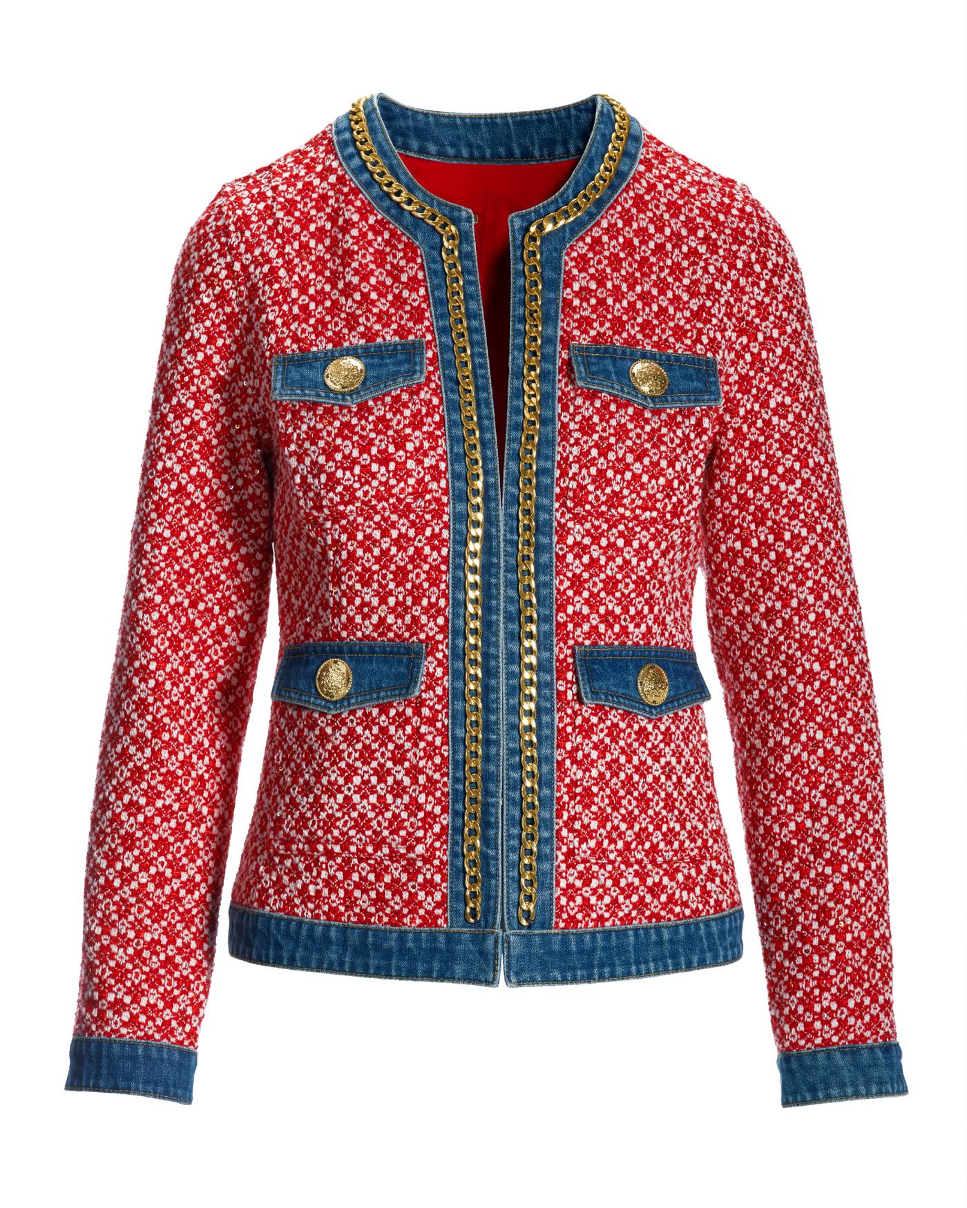 Tweed Denim and Chain Trim Jacket - Red Multi | Boston Proper