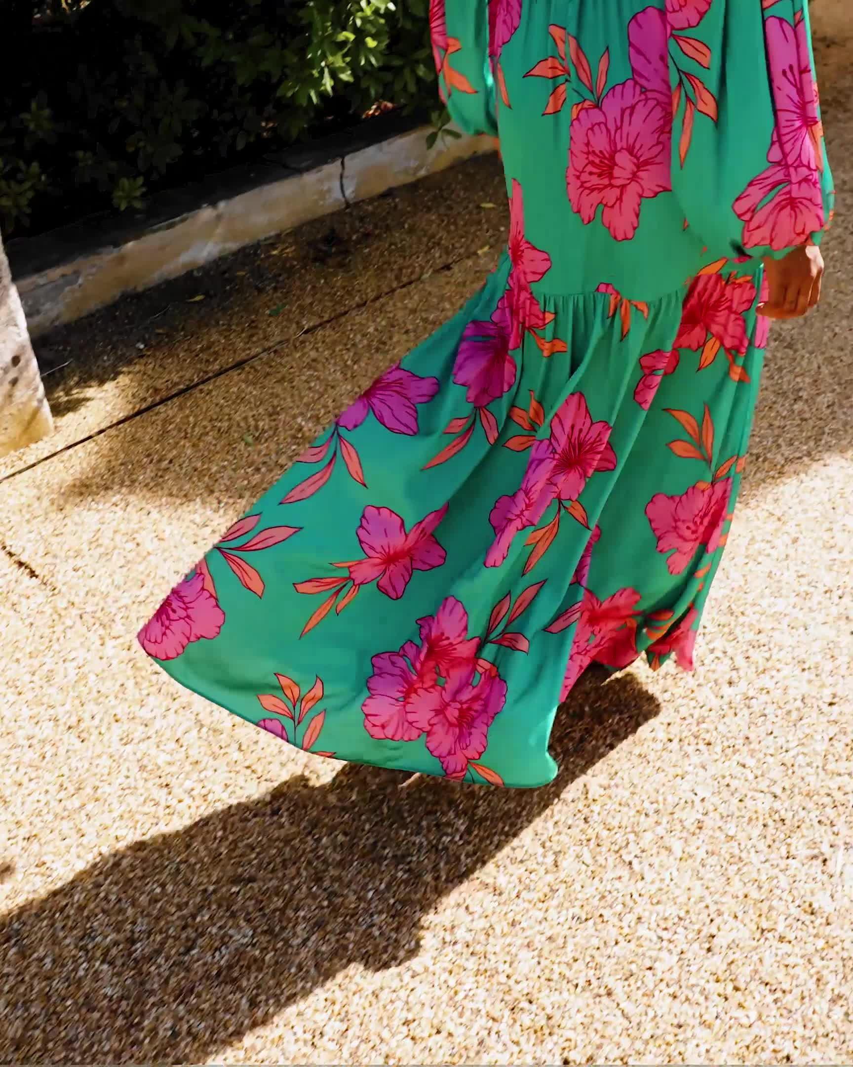 Drawn Floral Print V Neck Tiered Woven Maxi Dress Green/Pink