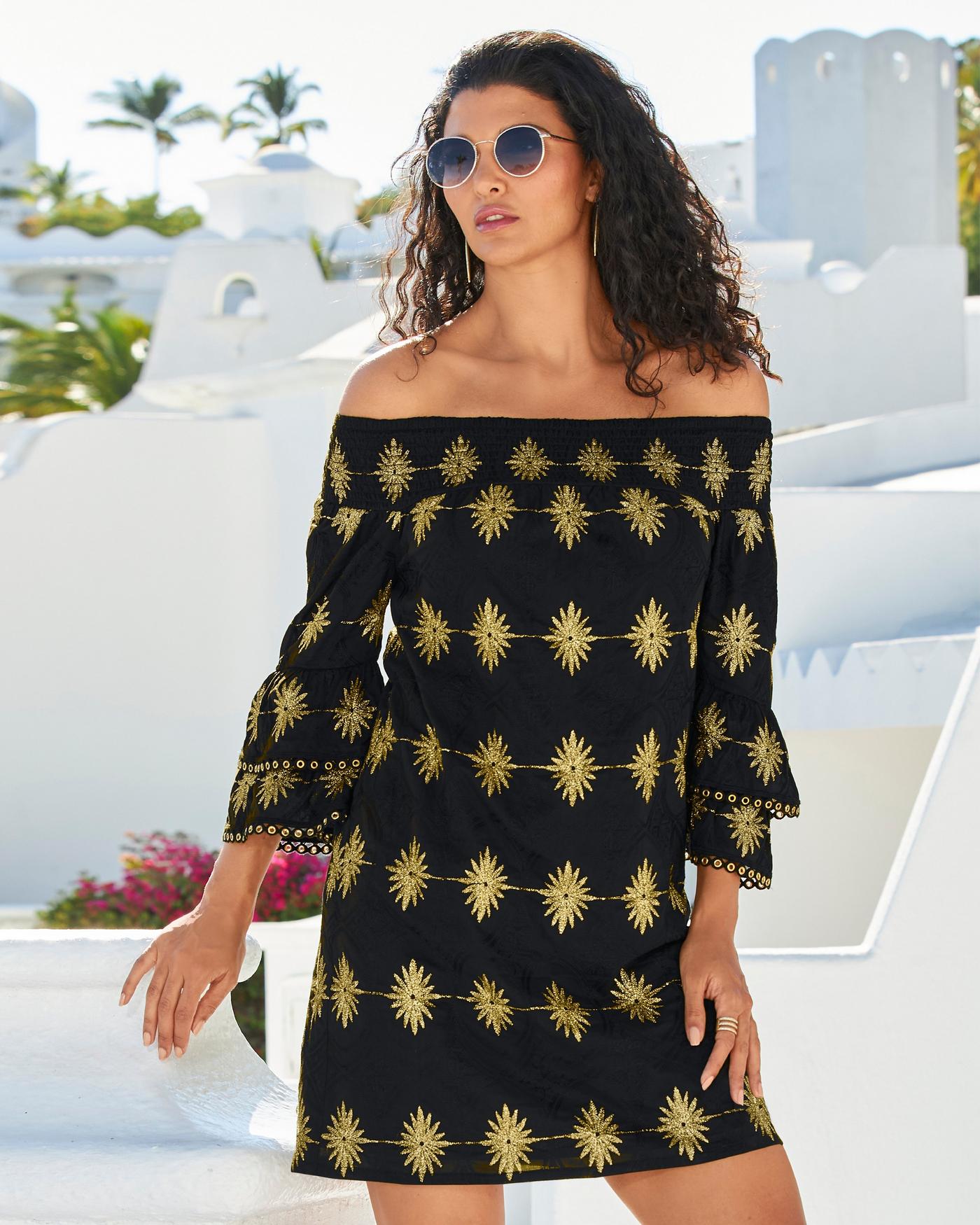 Metallic Detail Off-The-Shoulder Dress - Black / Gold | Boston Proper