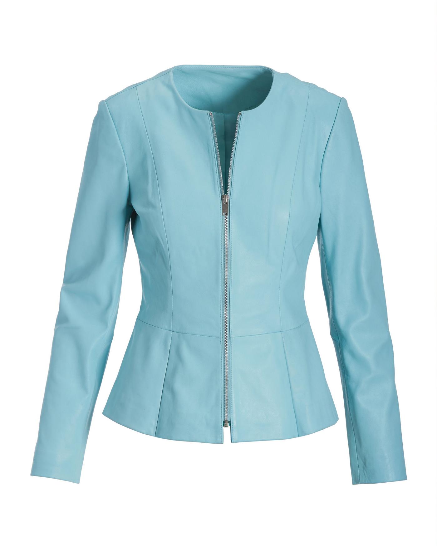 Collarless Peplum Leather Jacket - Aqua | Boston Proper