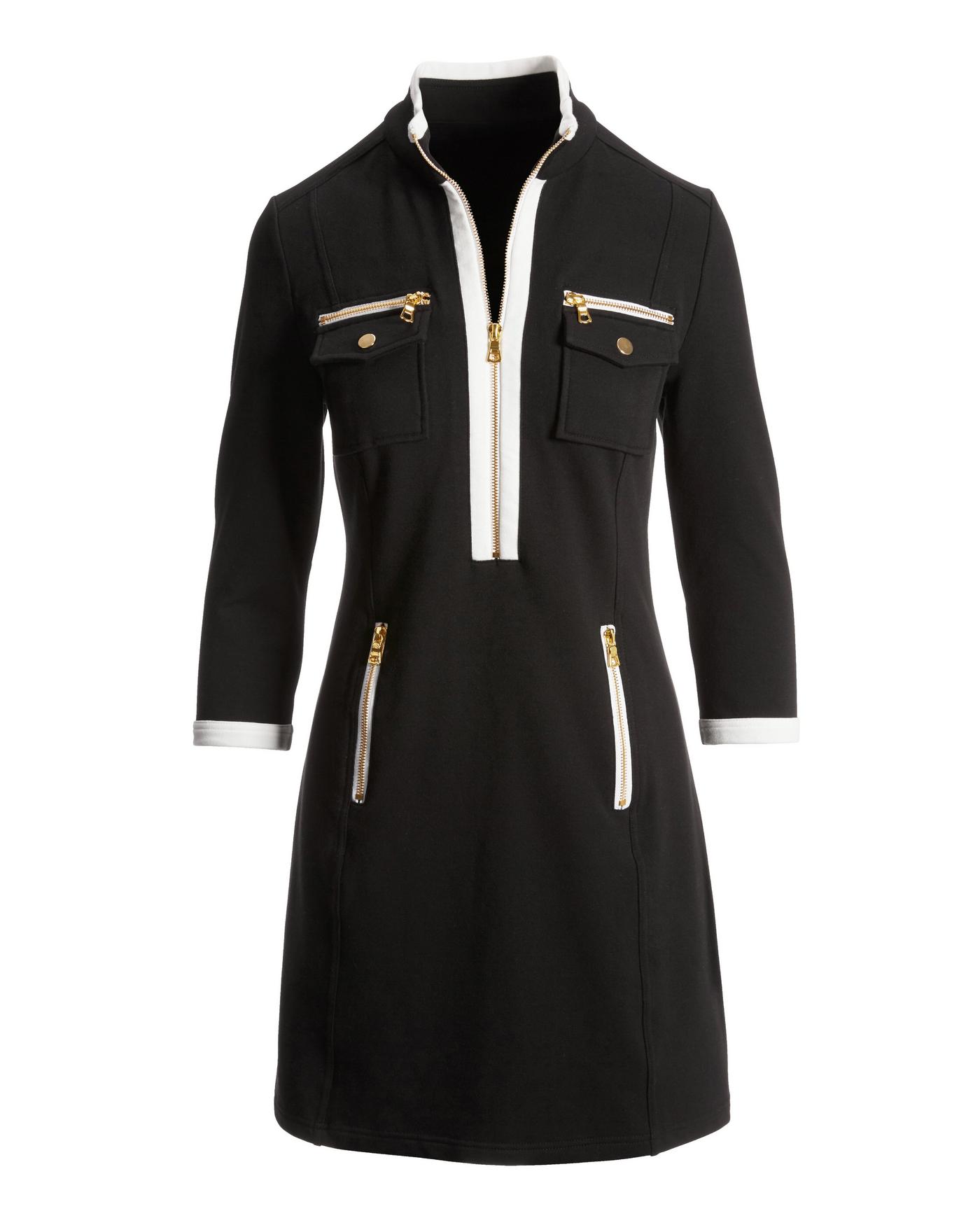 Three Quarter Sleeve Chic Zip Dress - Black/White | Boston Proper