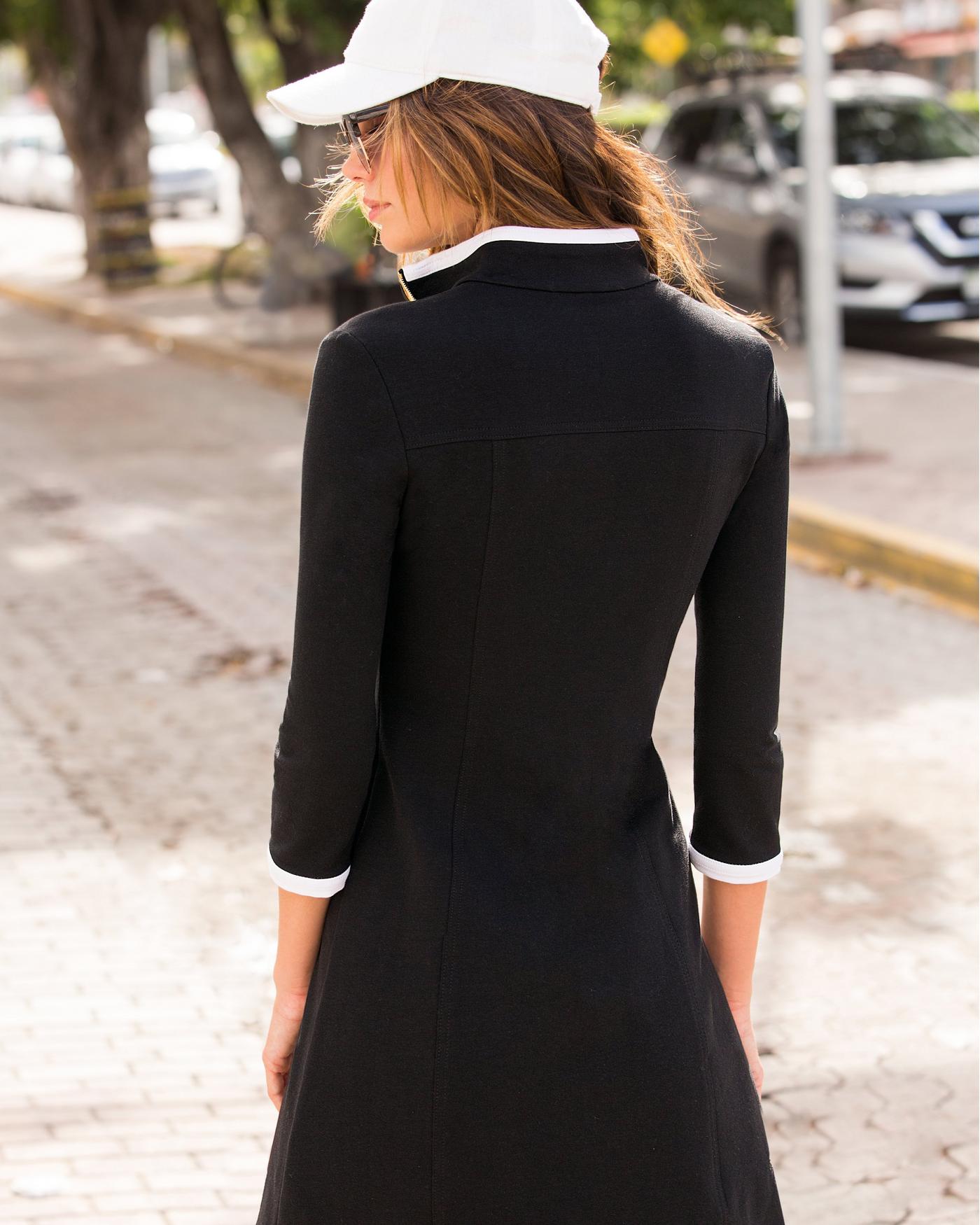 Three Quarter Sleeve Chic Zip Dress - Black/White | Boston Proper