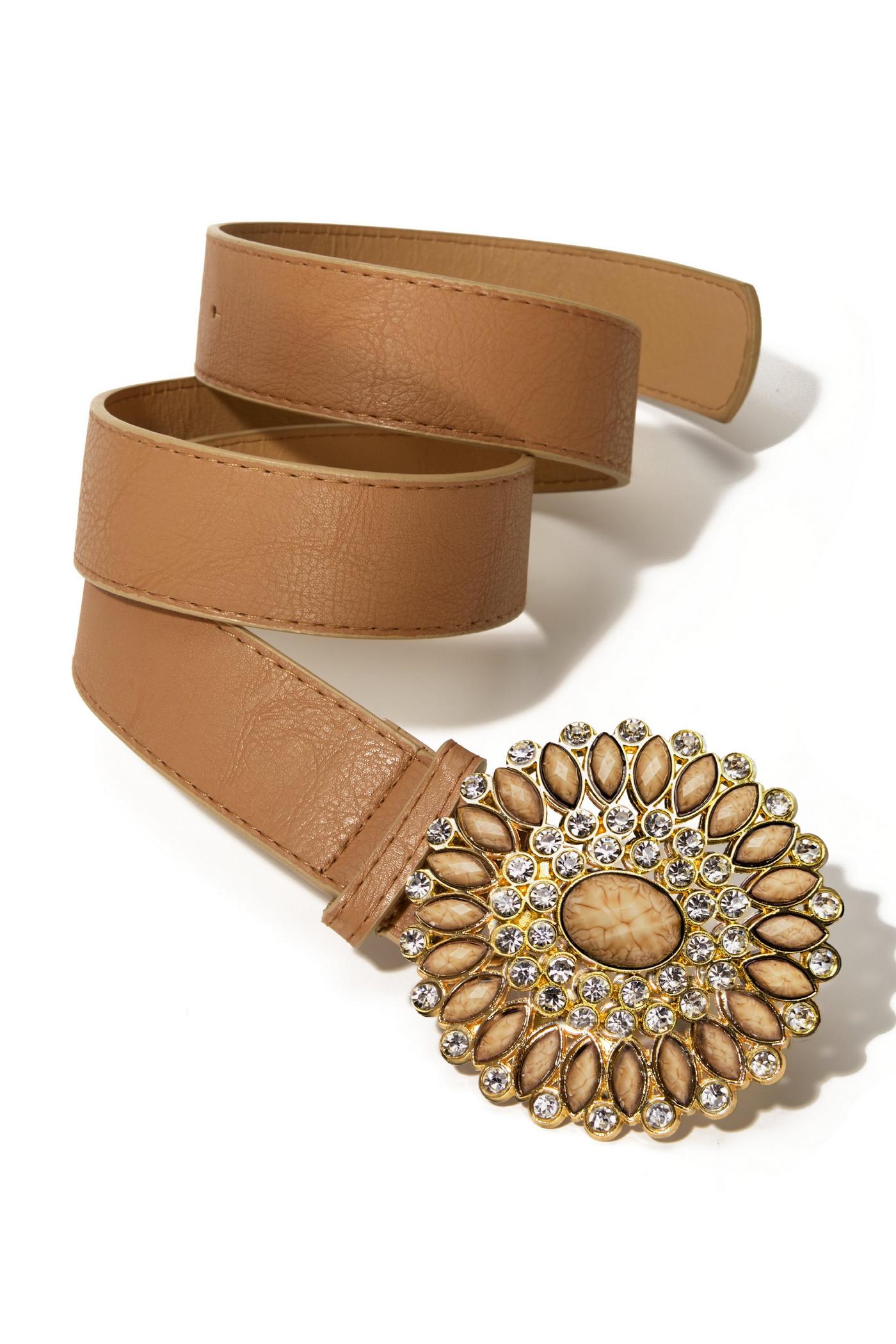Brown leather belt with embellished buckle Cedar Brown Embellished Genuine Leather Belt – 12th Tribe main image 2