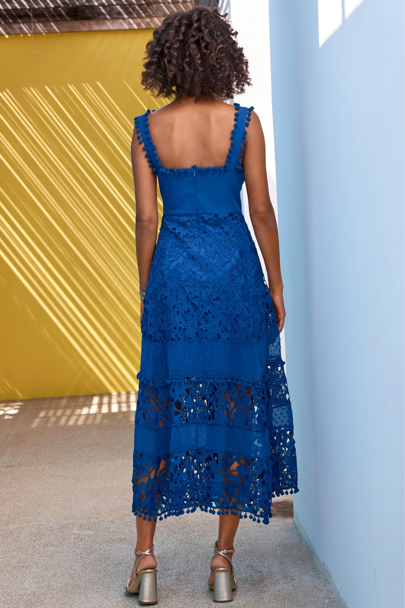 Mixed Media Lace Pom Pom Dress Princess Blue