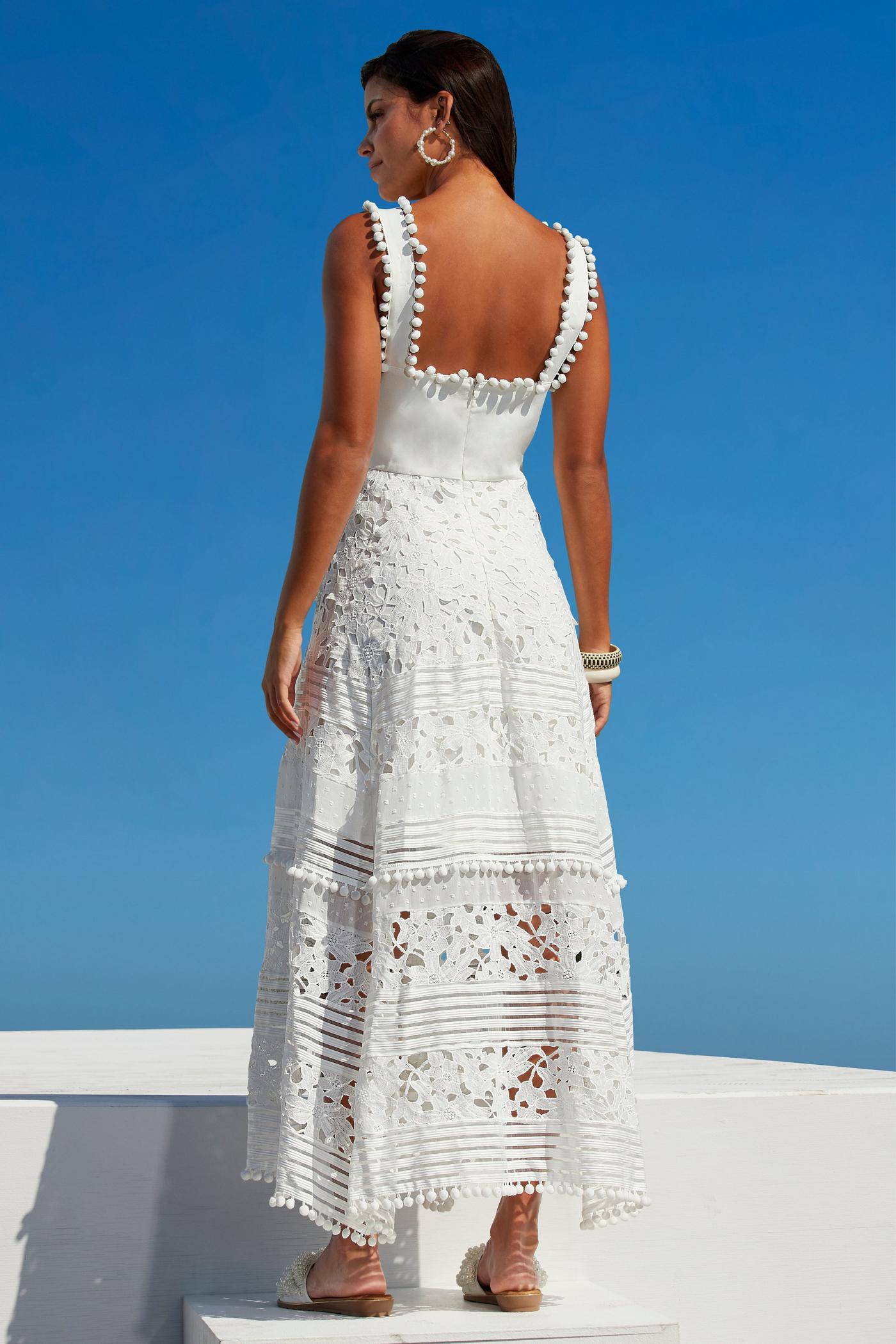 Mixed Media Lace Pom Pom Dress - White | Boston Proper