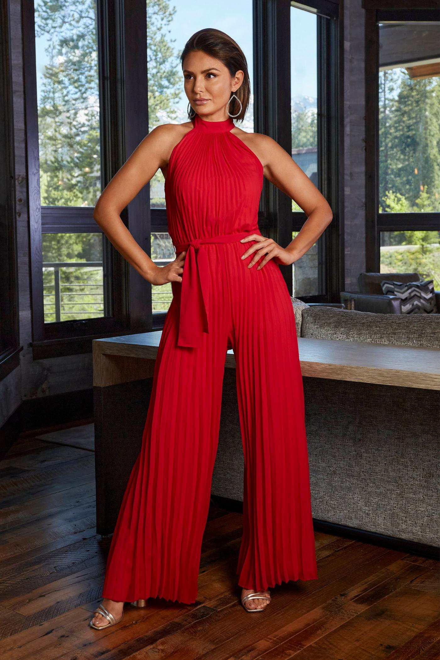 Pleated High Neck Jumpsuit Red