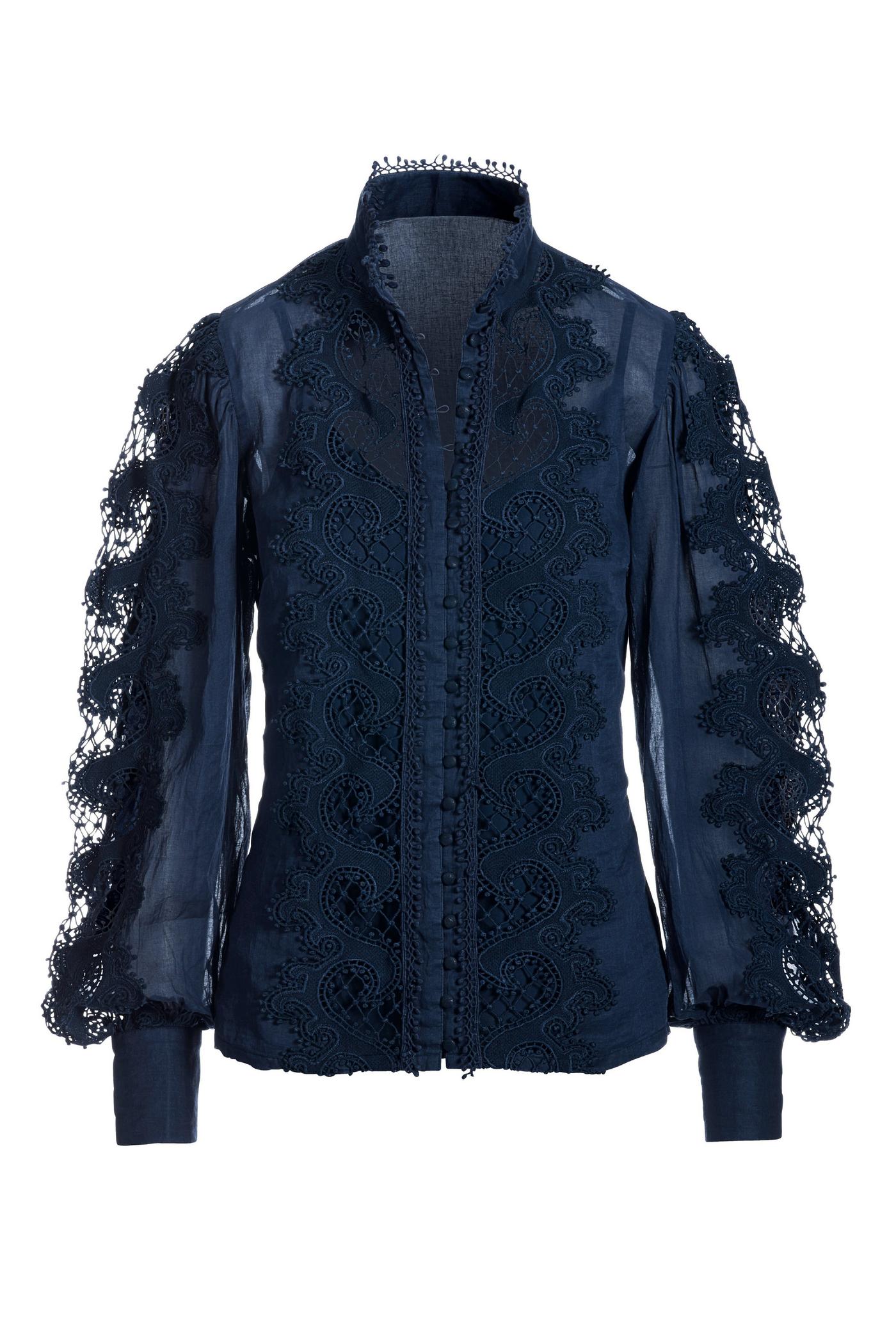Lace Inset Drama Sleeve Shirt - Navy | Boston Proper