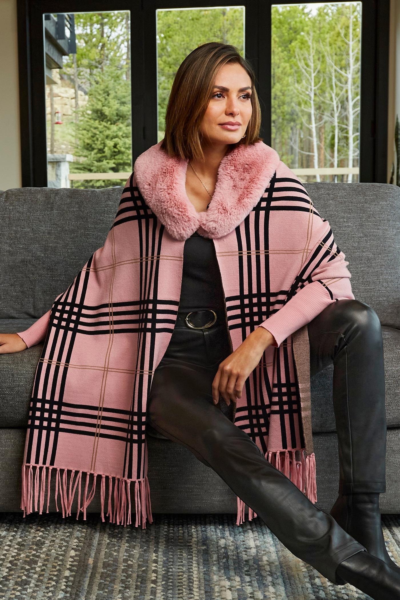 Plaid Faux Fur Collar Poncho - Pink Multicolor | Boston Proper Plaid Faux Fur Collar Poncho - Pink Multicolor | Boston Proper
