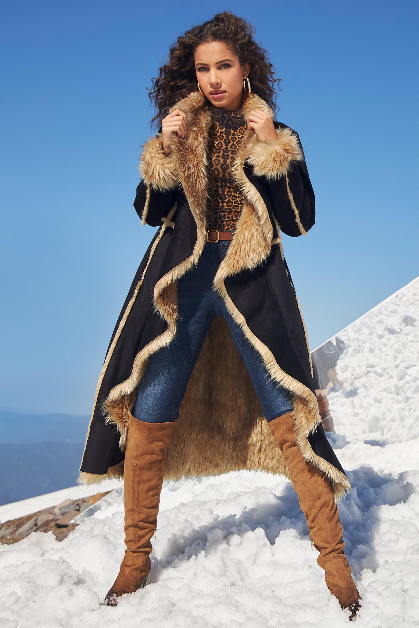 Faux-Fur Cascading Coat - Black/Brown | Boston Proper
