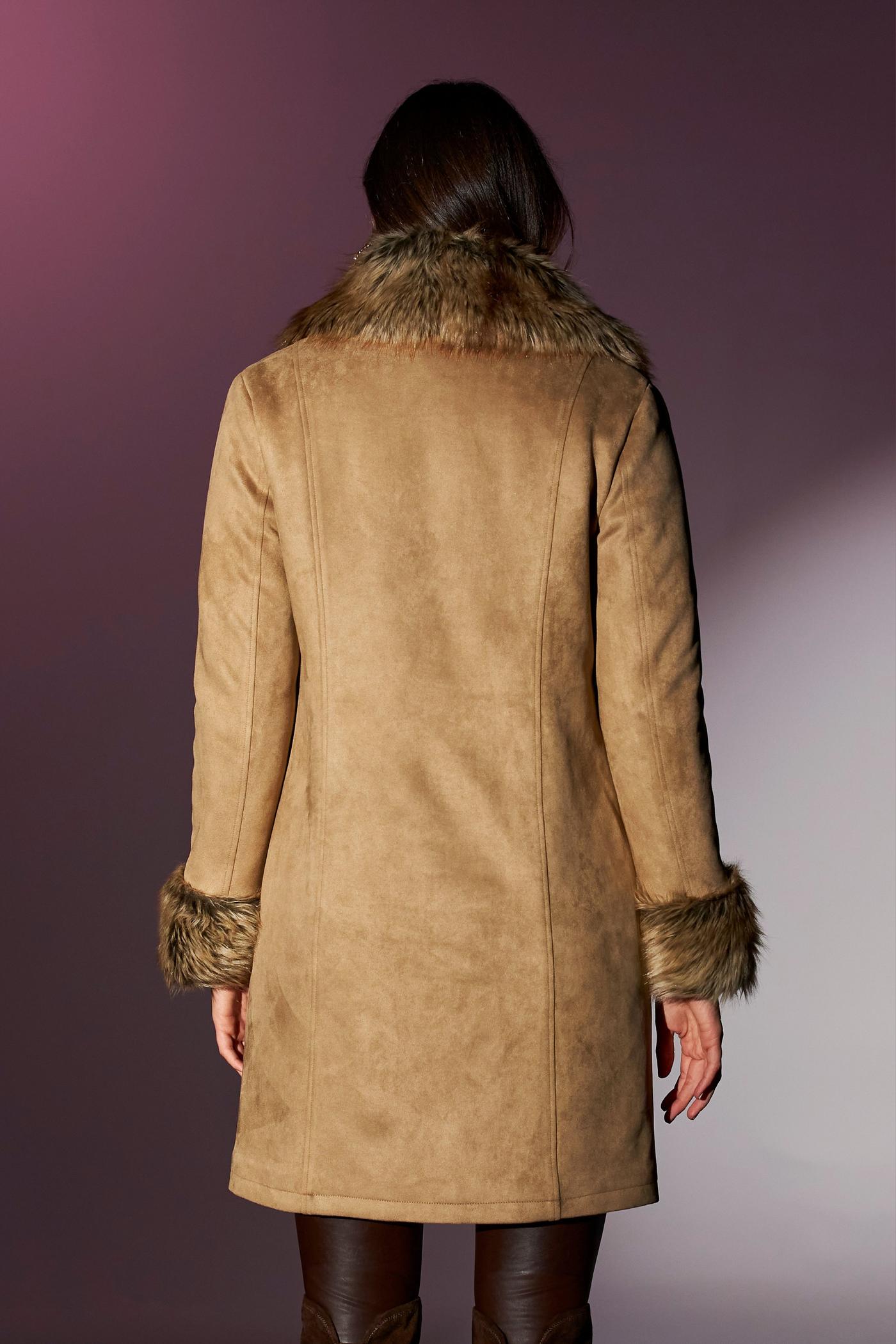 Faux Fur Trim Faux Suede Coat Camel