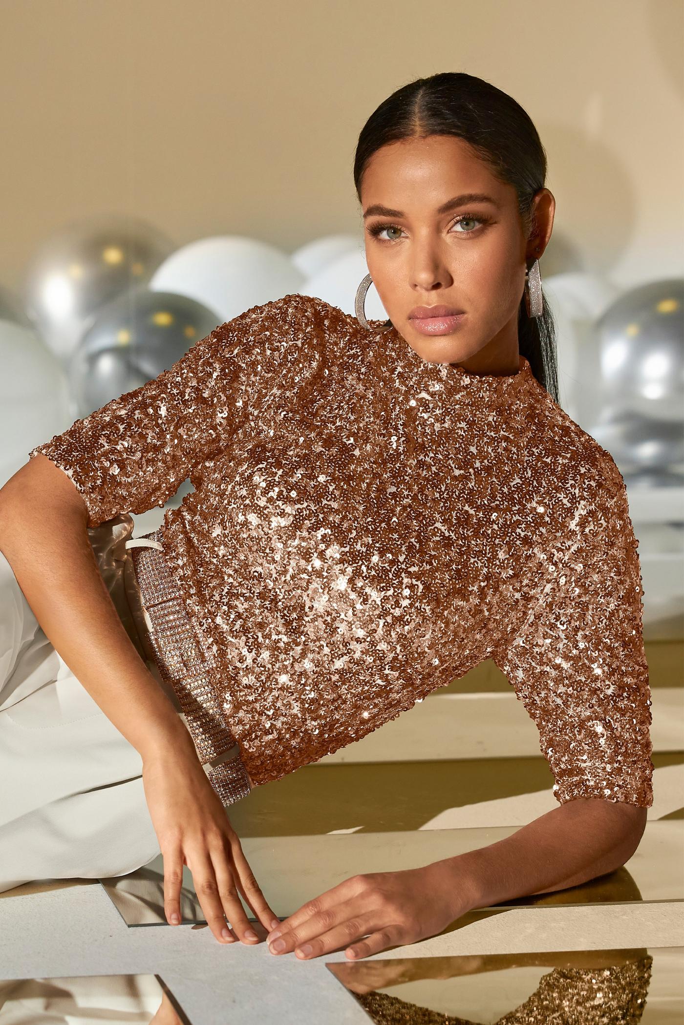 Mock neck sequin top clearance