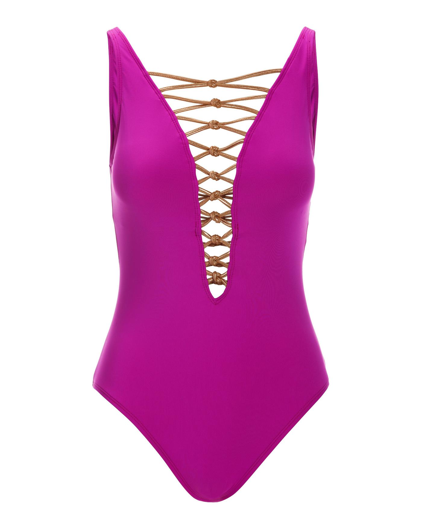 Metallic Lace Up Plunge One Piece Swimsuit - Fuchsia Metallic Lace Up Plunge One Piece Swimsuit - Fuchsia