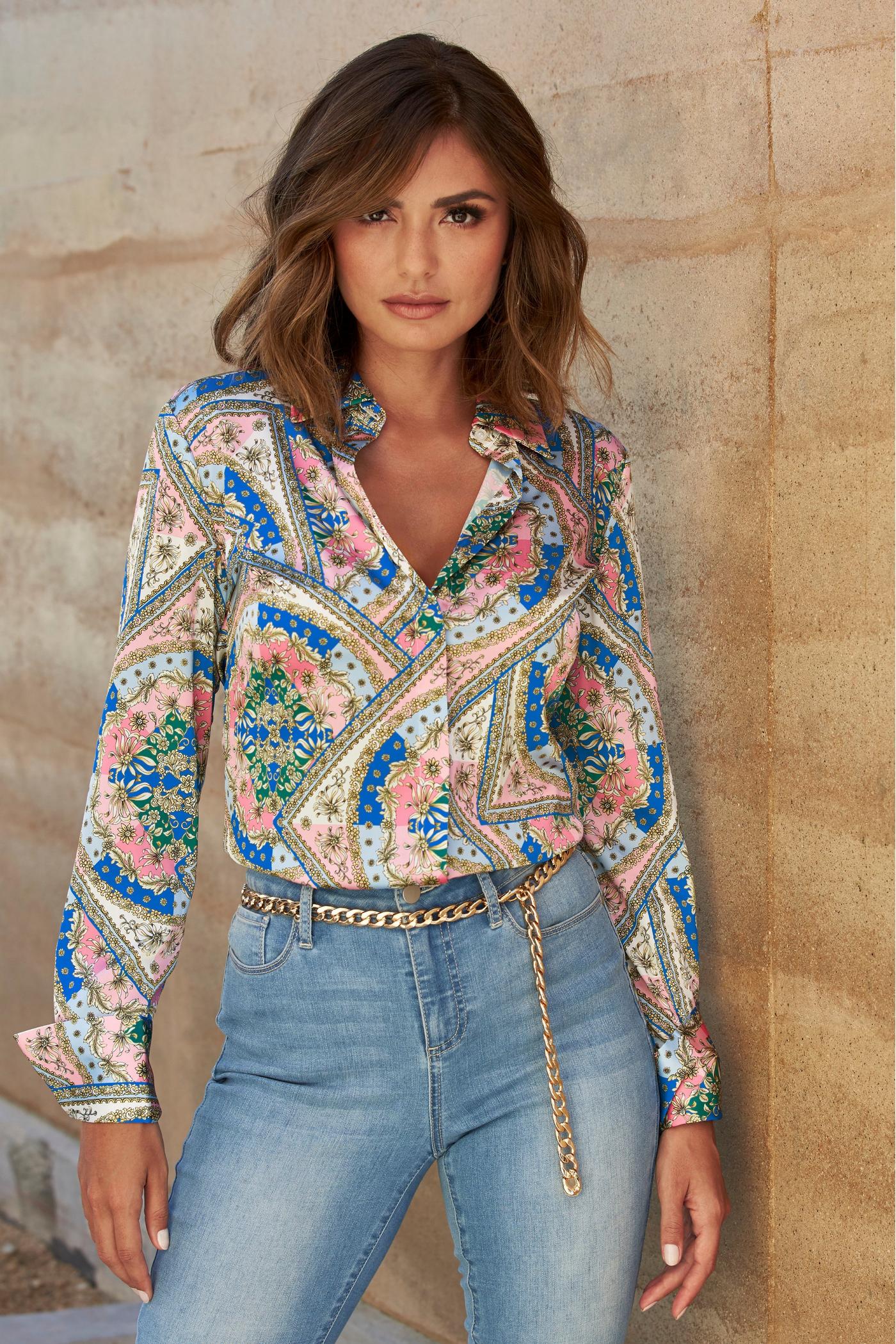 Baroque Scroll Print Sophia Button Up Charmeuse Blouse Baroque Scroll Print Sophia Button Up Charmeuse Blouse