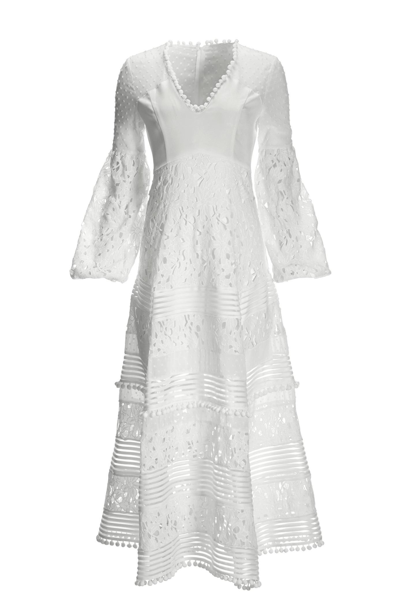 Long Sleeve Lace Pom Pom Dress - White | Boston Proper