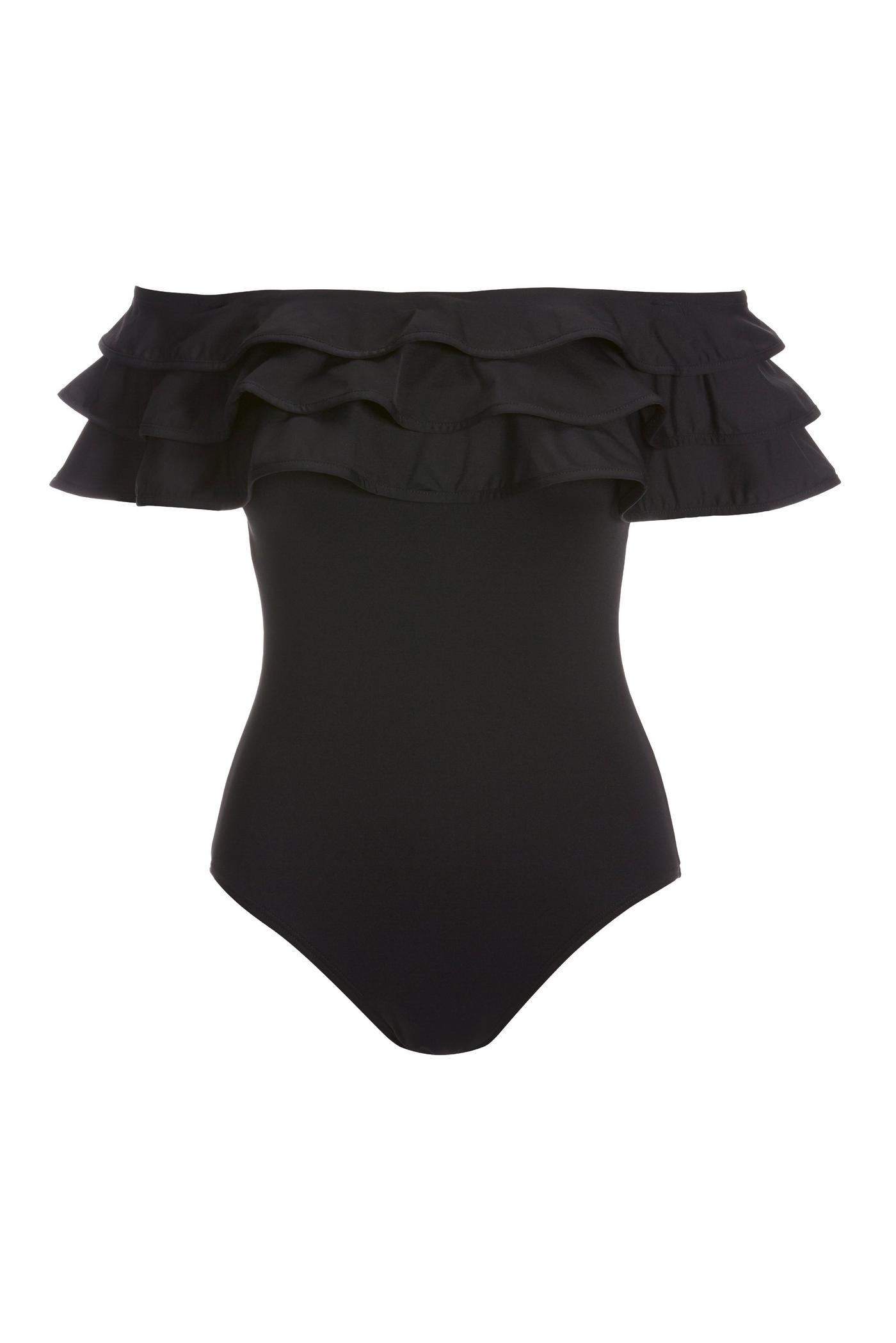 Off The Shoulder Ruffle One Piece Swimsuit Black Boston Proper