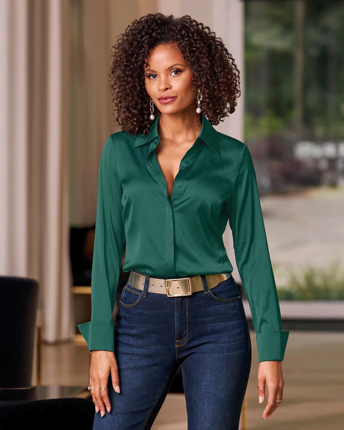 Sophia Button-Up Charmeuse Blouse - Deep Emerald | Boston Proper