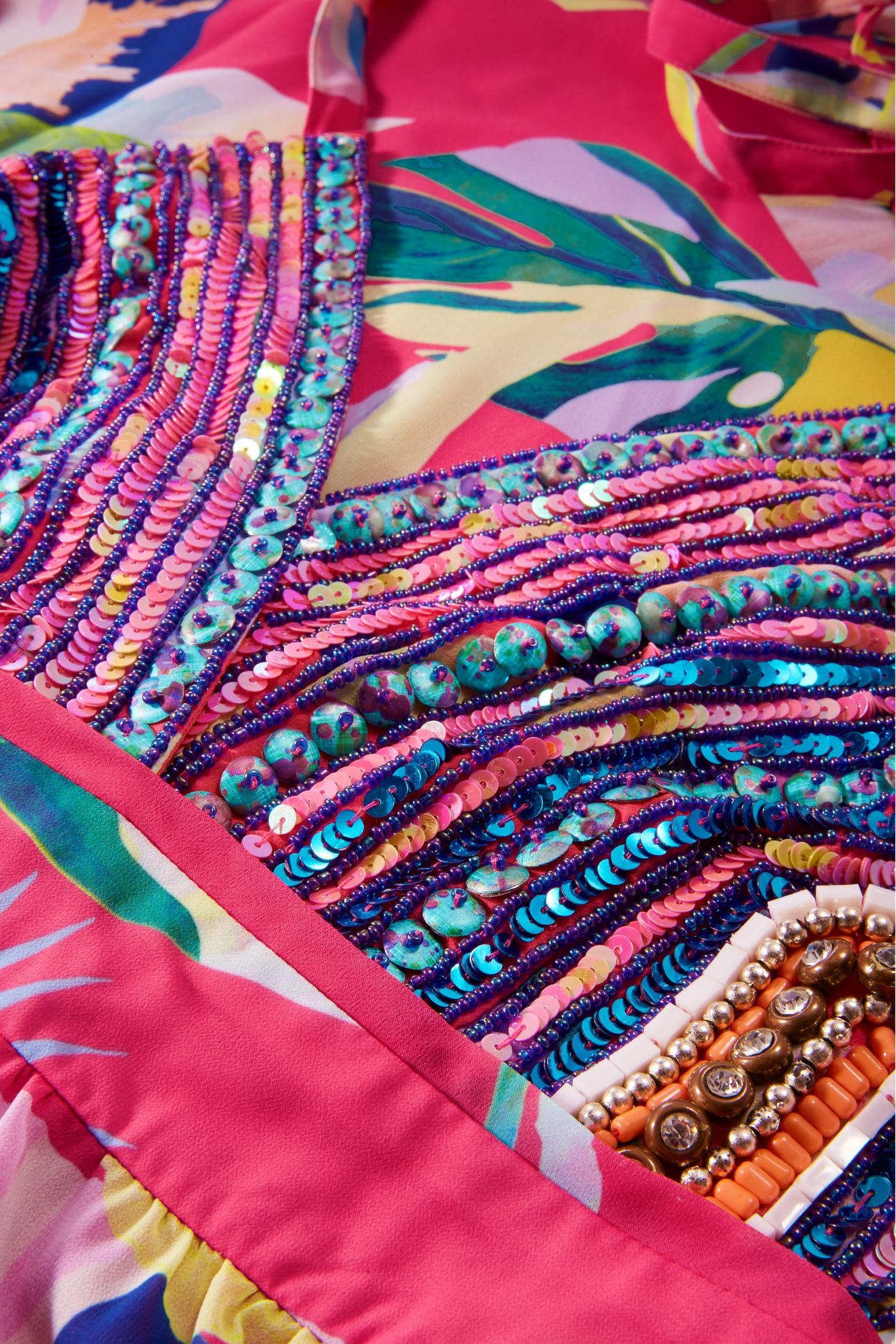 Tropical Forest Halter Embellished Printed Dress - Pink