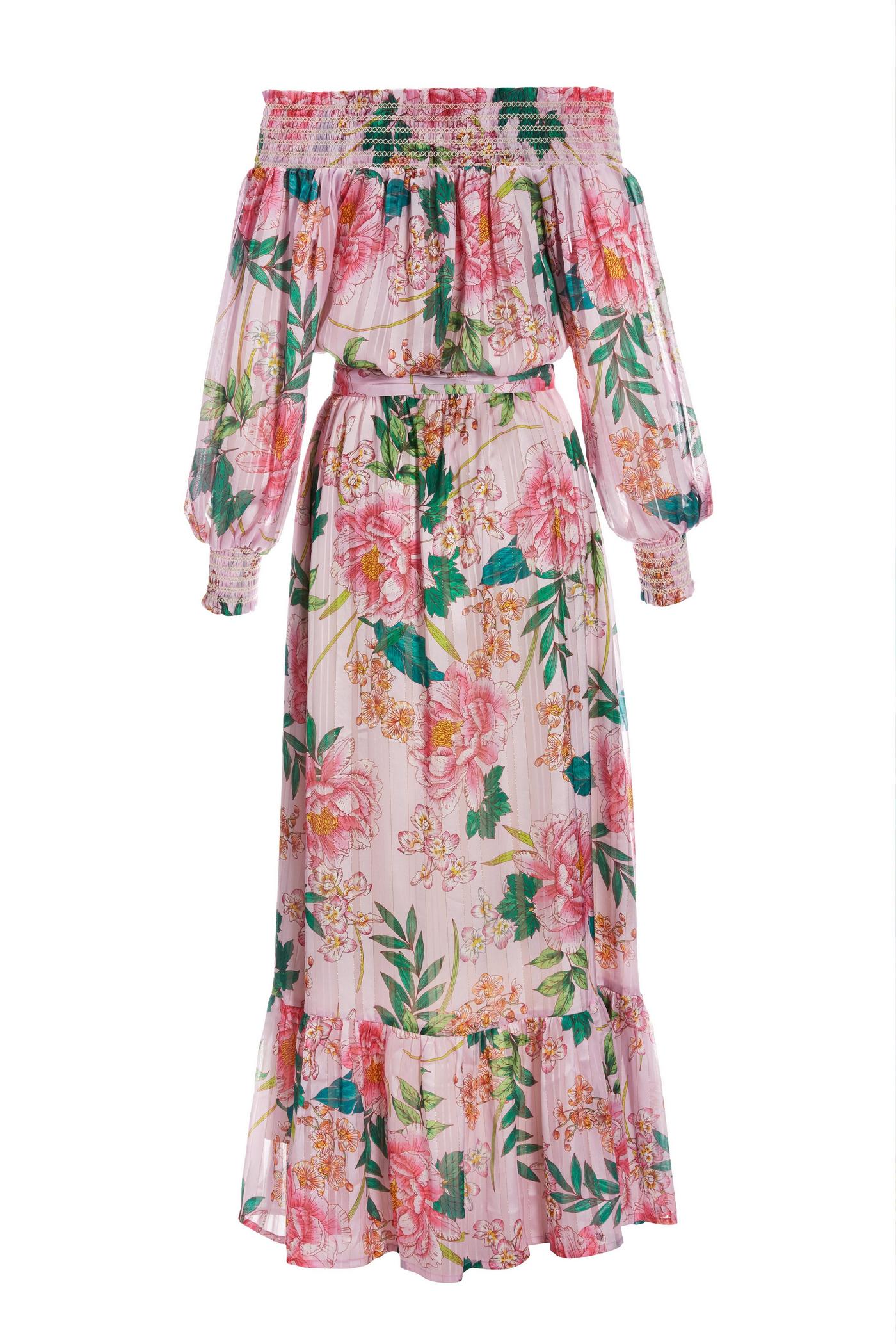 Floral Blooms Off The Shoulder Belted Maxi Dress - Pink