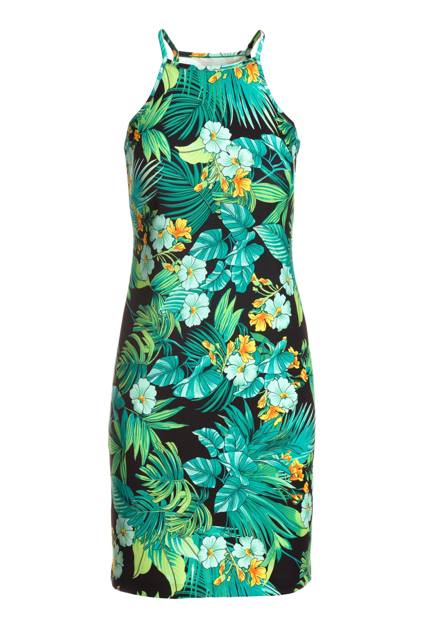 Beyond Travel Tropical Print High Neck Short Dress - Green Multicolor |  Boston Proper