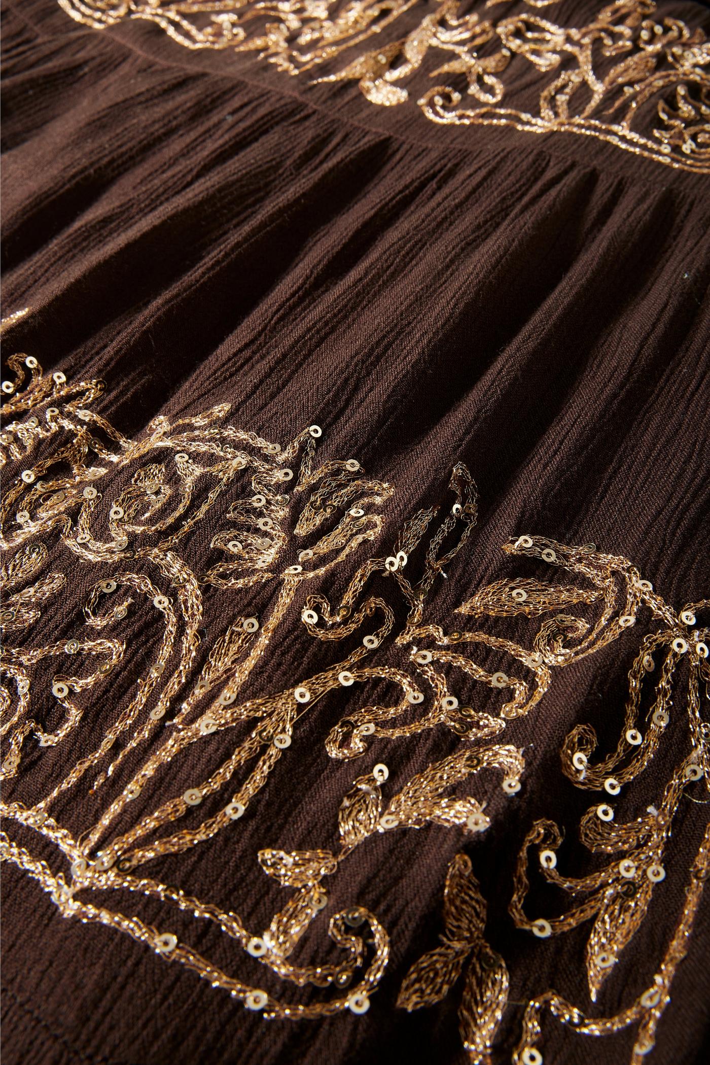 Metallic Detail Tiered Peasant Maxi Dress - Coffee Bean | Boston Proper