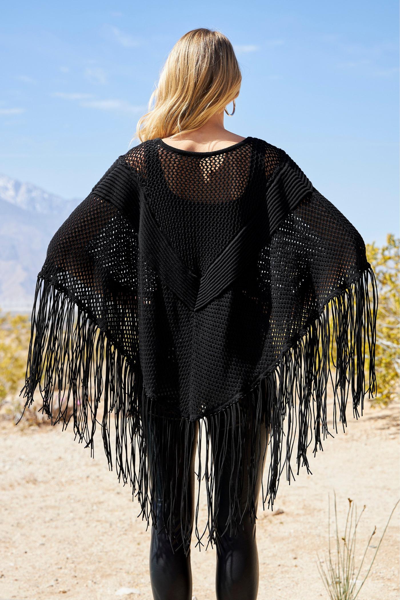 Faux Suede Fringe Poncho - Black | Boston Proper