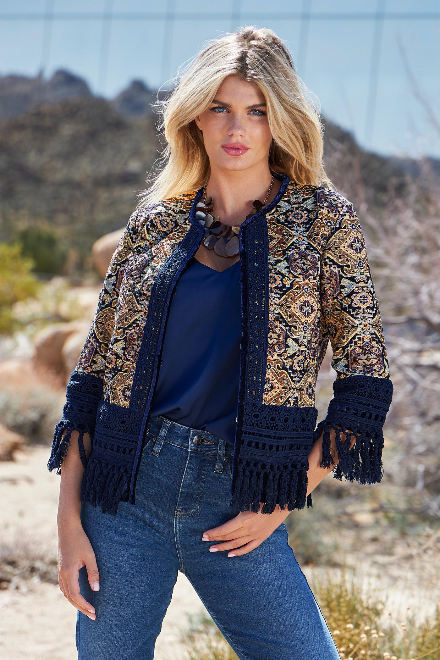 Fringe Tapestry Novelty Jacket Navy - Multicolor | Boston Proper
