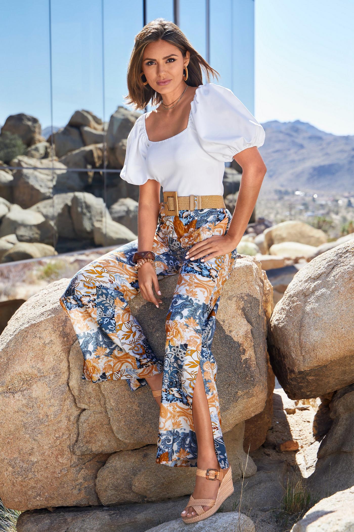 Arizona Patchwork Print Linen Palazzo Pant - Multicolor | Boston