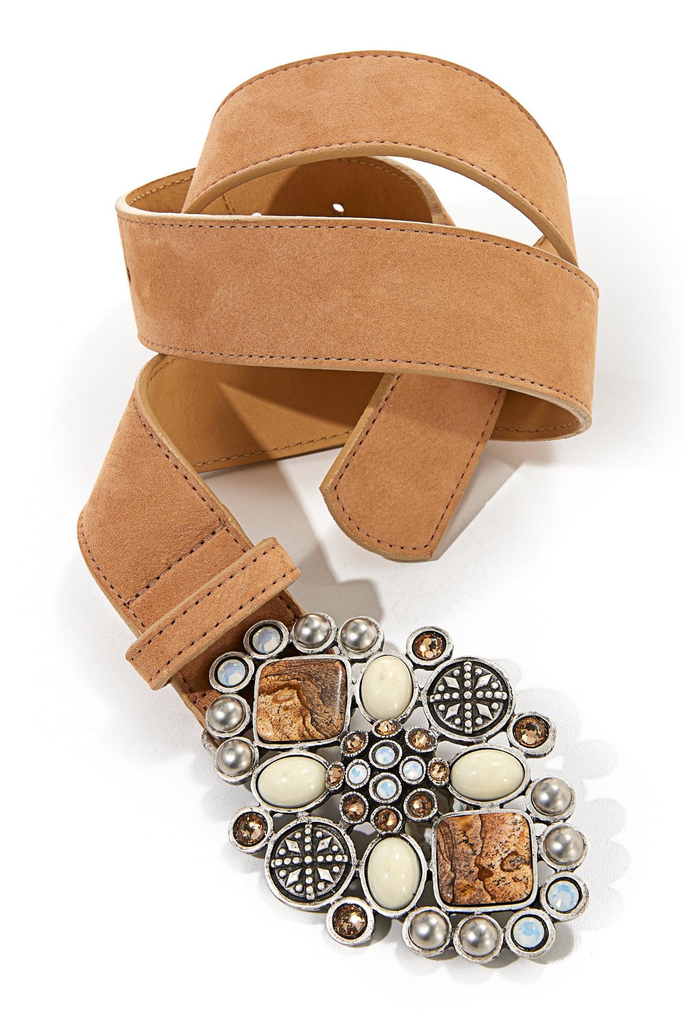 Marble And Gem Detail Leather Belt - Tan Multicolor | Boston 