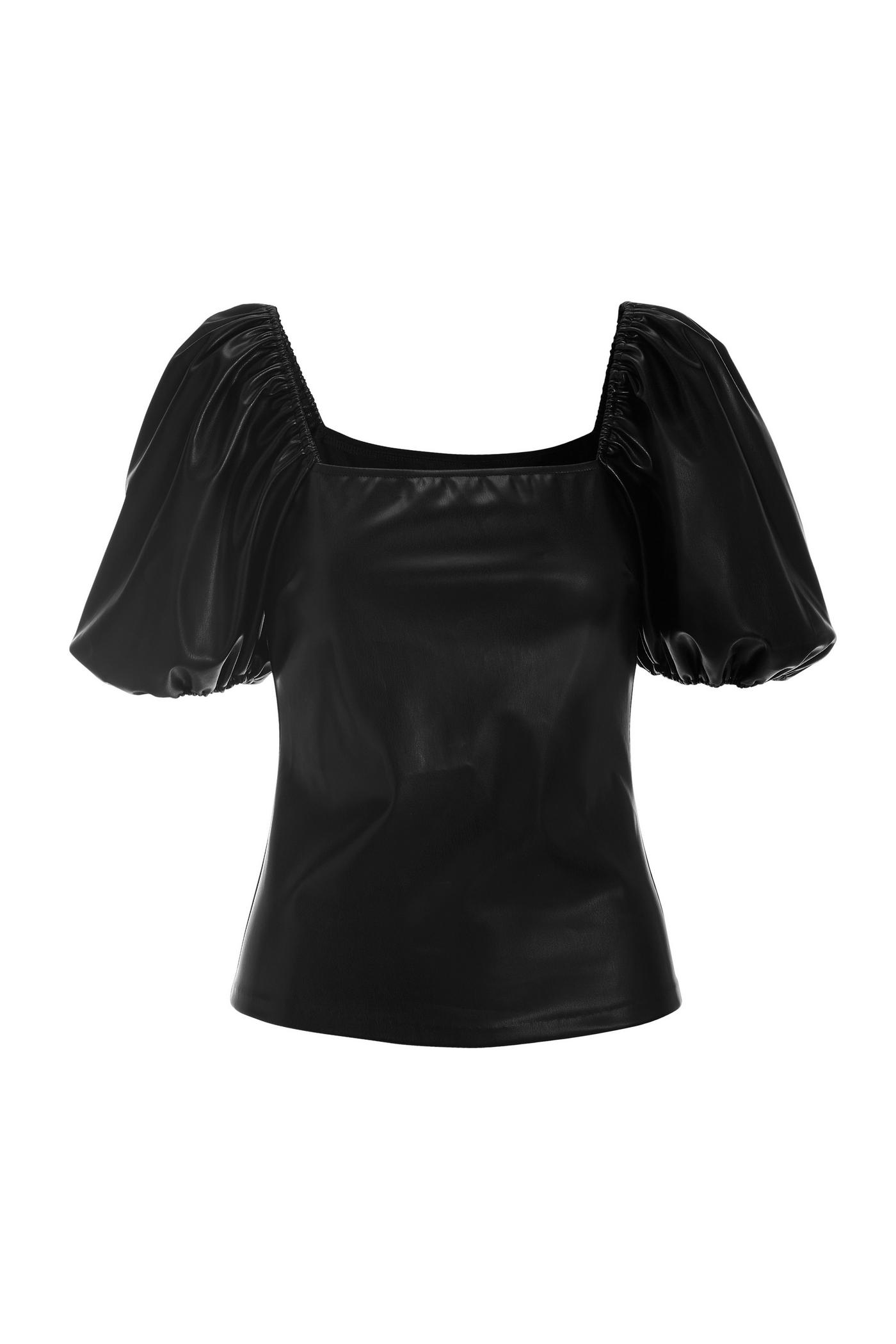 Faux Leather Square Neck Puff Sleeve Top - Black | Boston Proper
