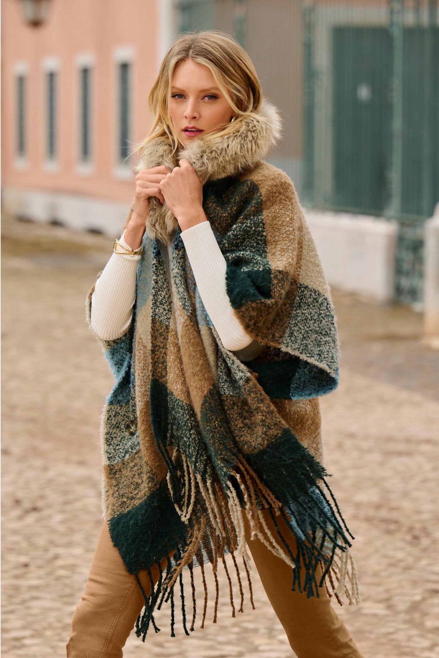 Plaid Faux Fur Fringe Poncho - Multicolor | Boston Proper