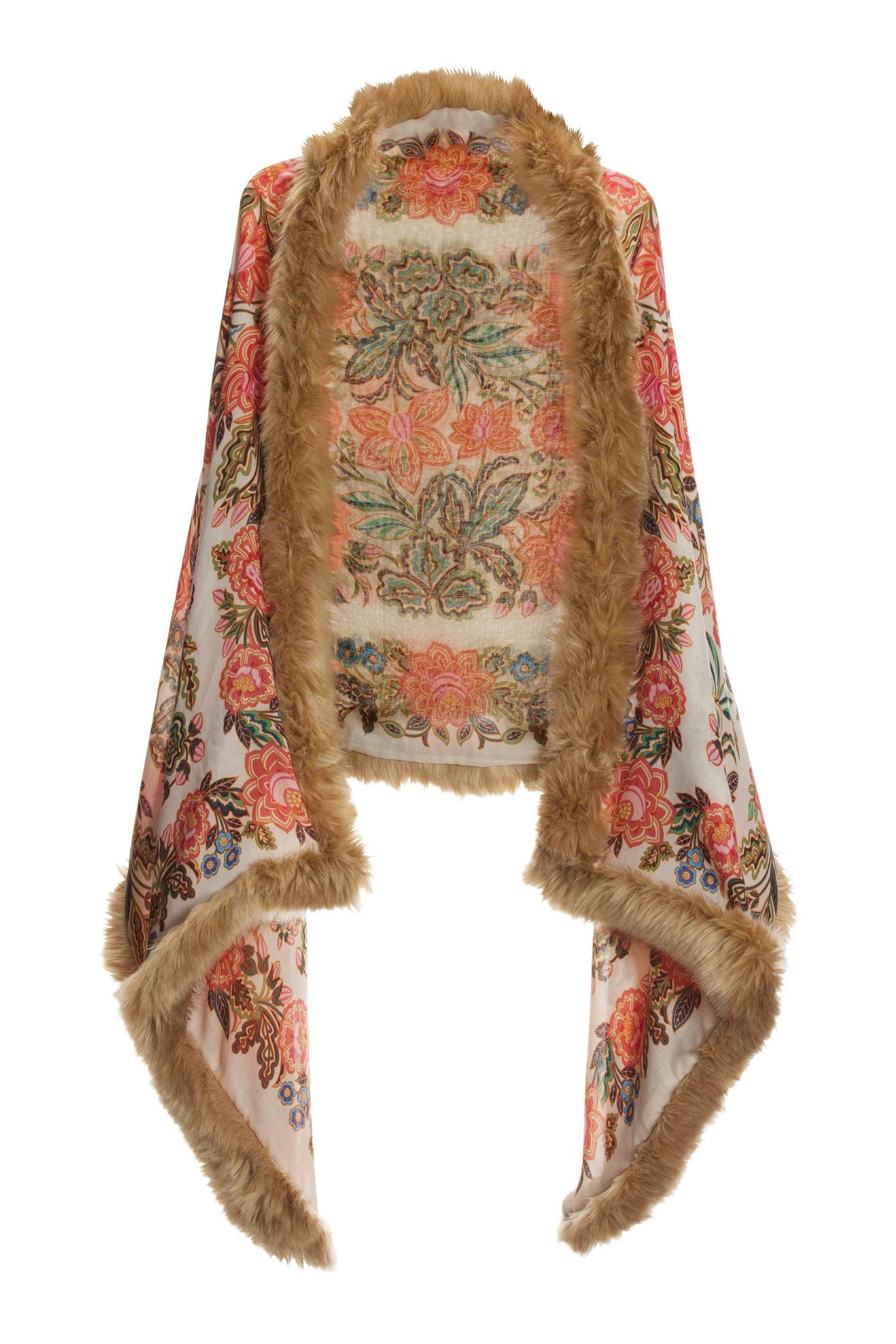 Boho Floral Print Faux Fur Trim Shawl - Off White Multicolor