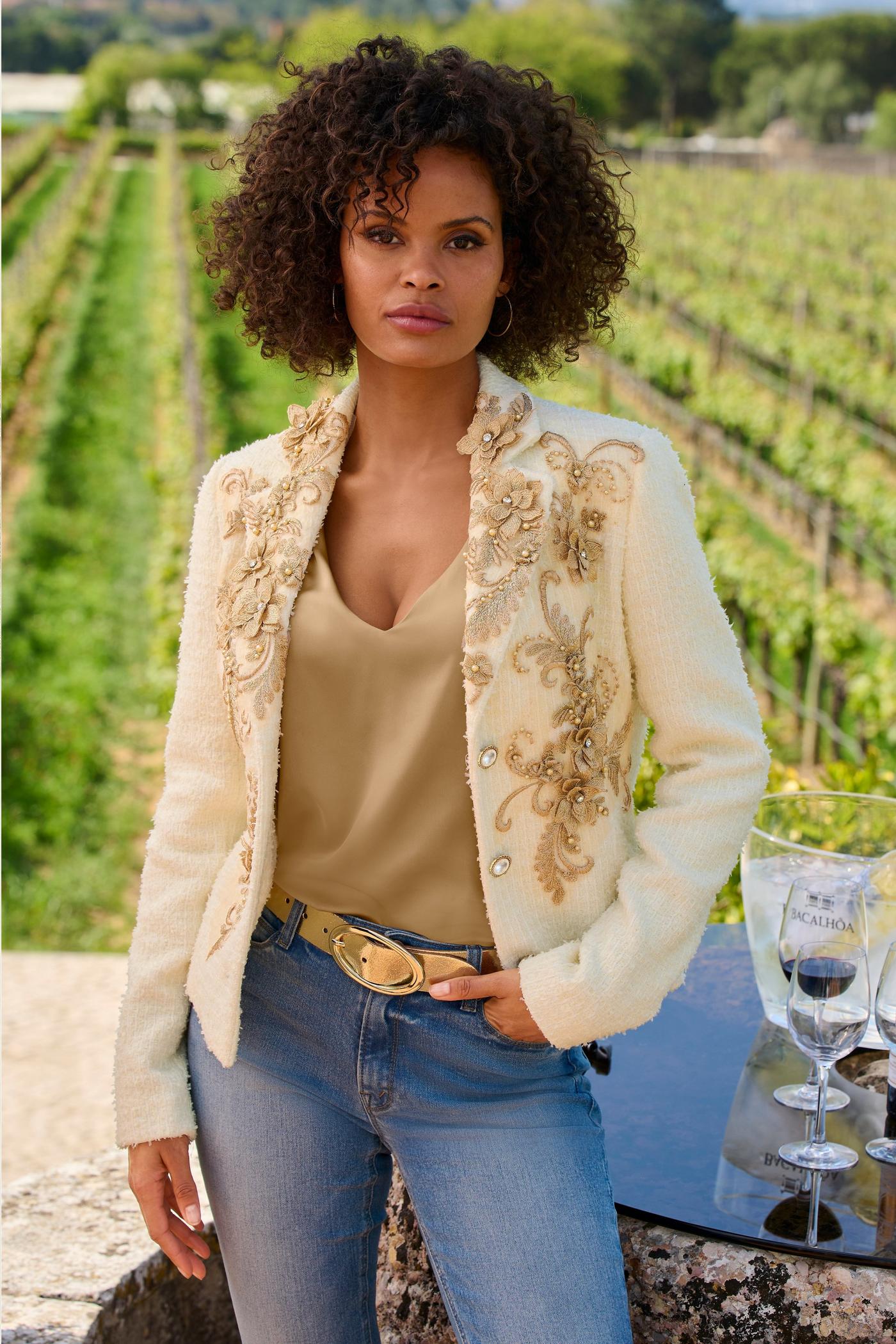 Metallic Floral Appliqu Tweed Parisian Jacket - Off White/Gold