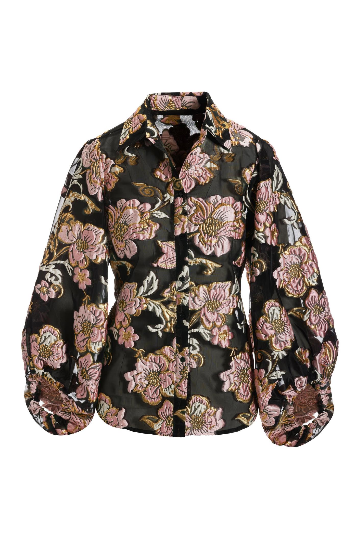 Foil Burnout Organza Balloon Sleeve Shirt - Black Multicolor