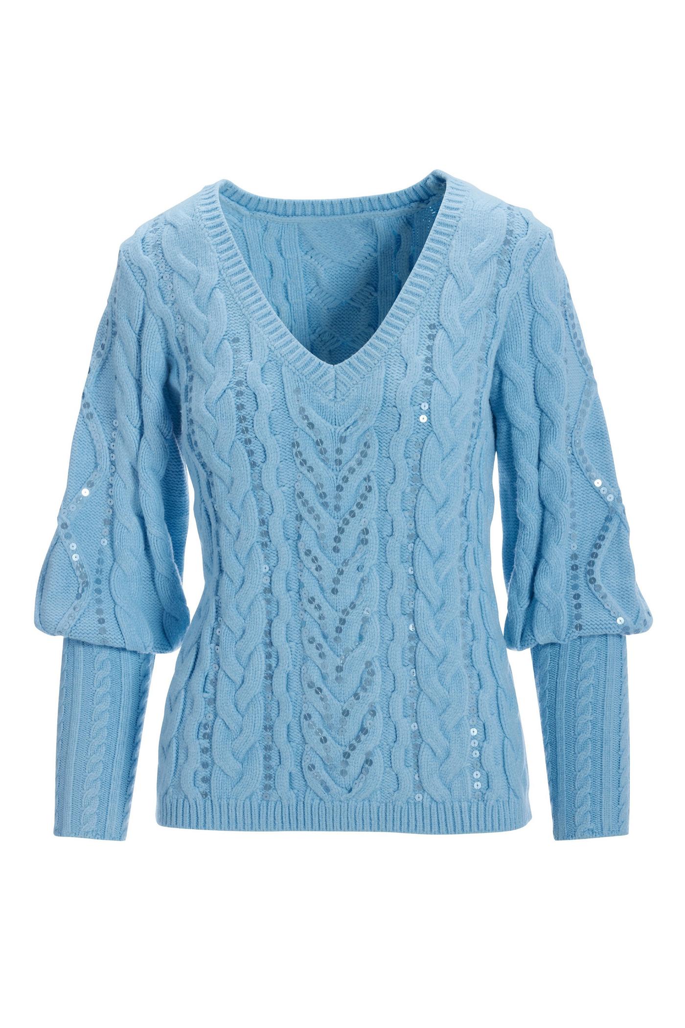 Sequin Cable V-Neck Sweater - Airy Blue | Boston Proper