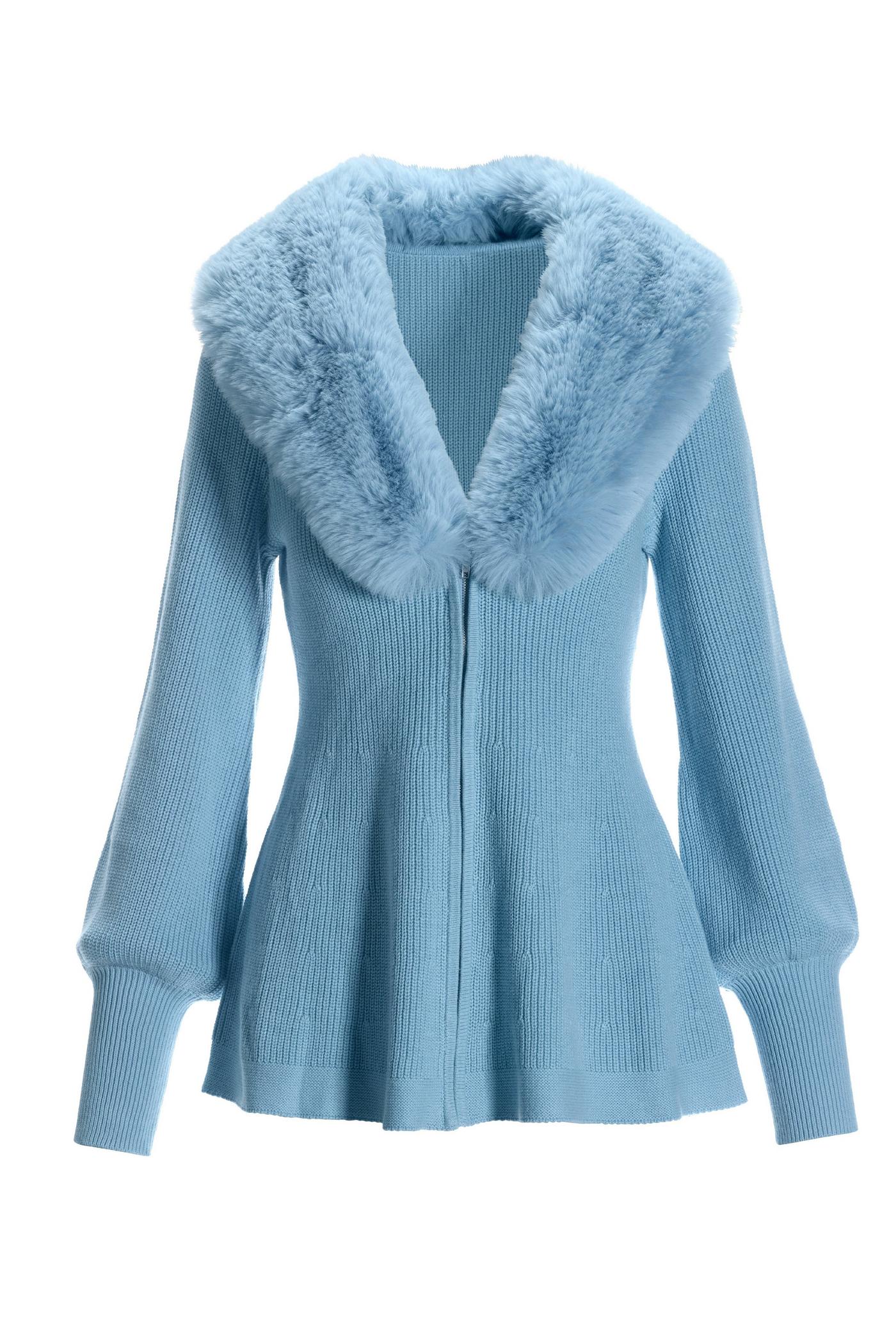 Faux Fur Balloon Sleeve A Line Zip Up Cardigan - Airy Blue