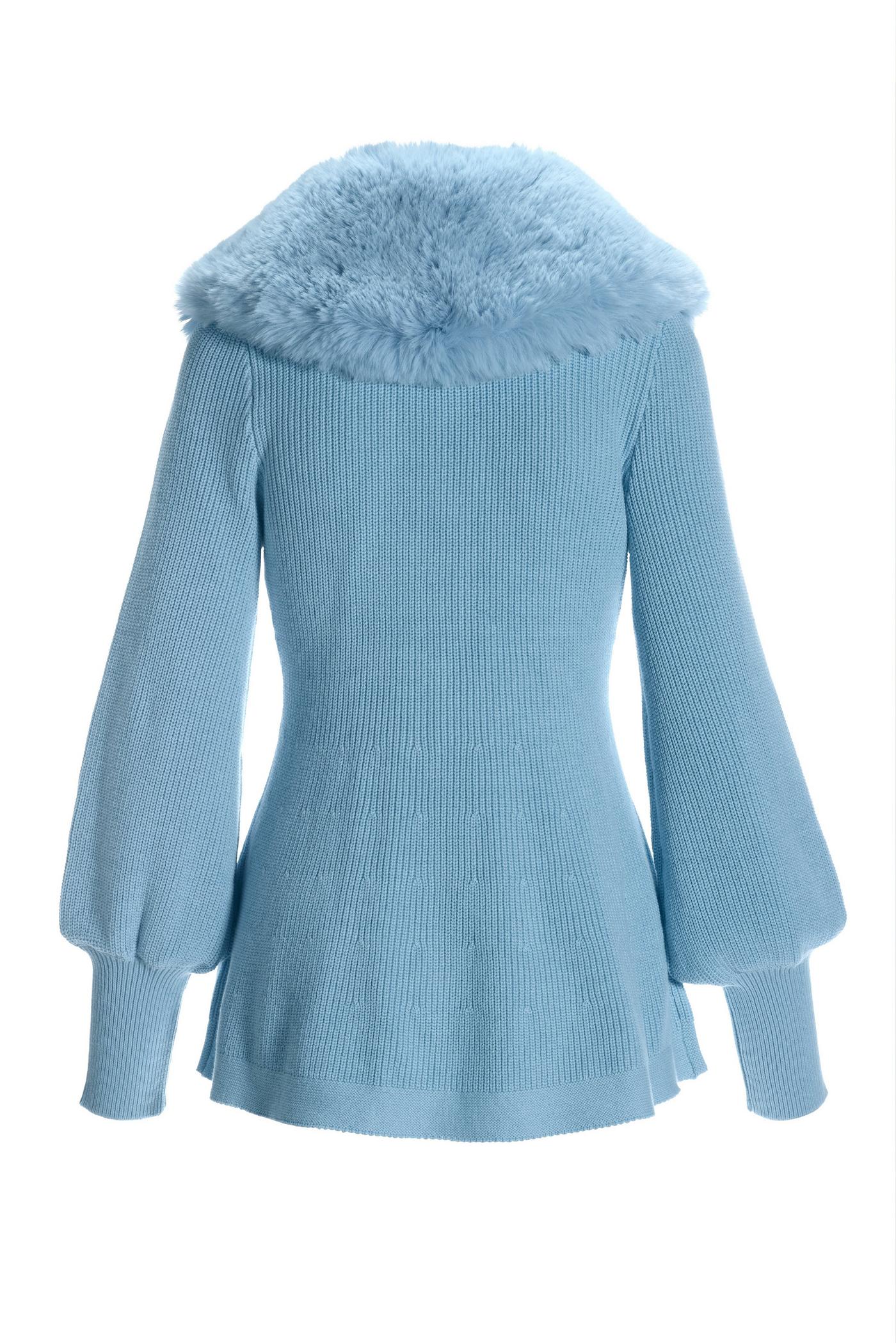 Faux Fur Balloon Sleeve A Line Zip Up Cardigan - Airy Blue