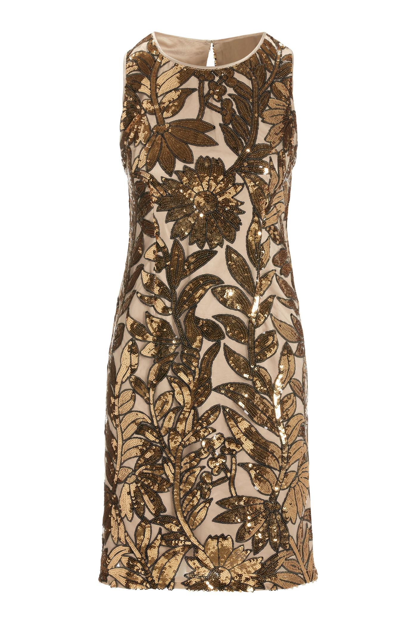 High Neck Floral Sequin Sheath Gold