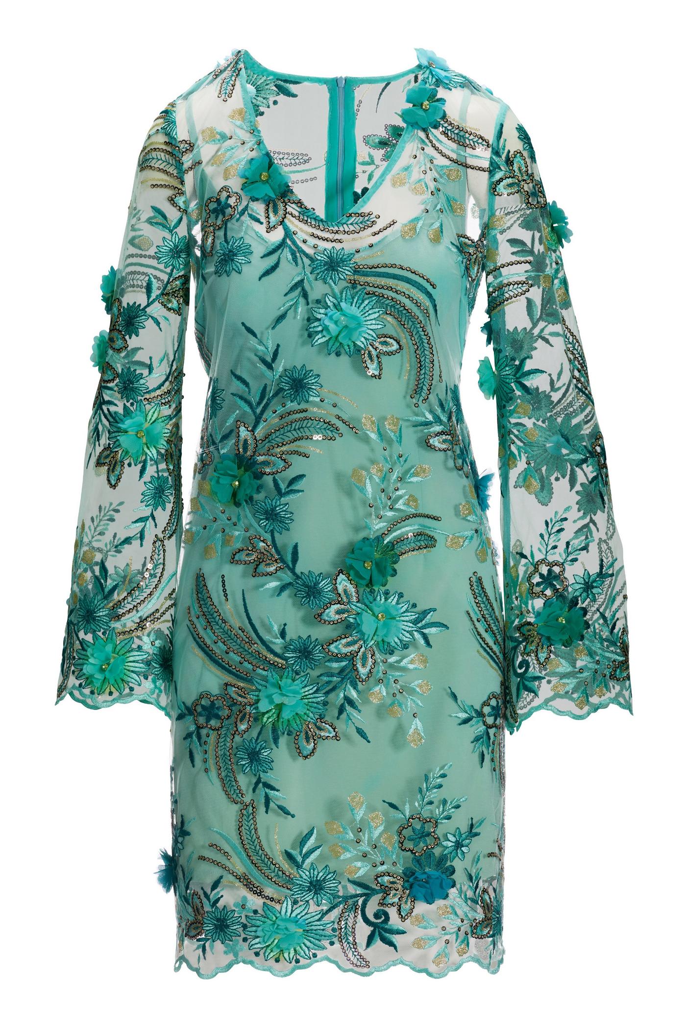 Flare Sleeve Sequin Embroidered Mesh Dress - Multicolor | Boston Proper