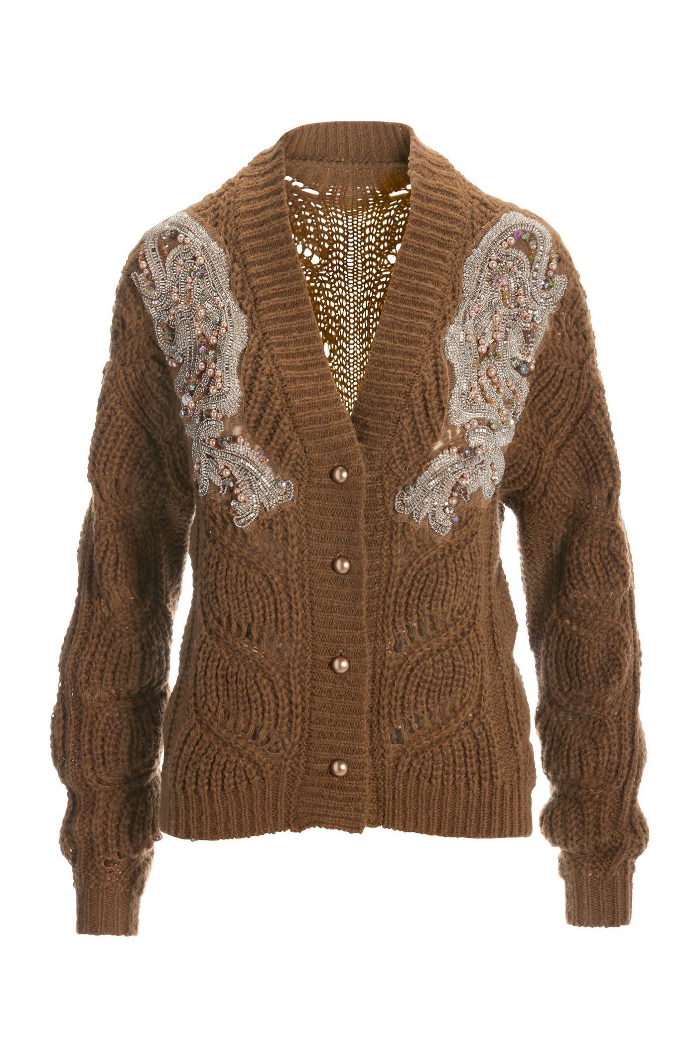 Embellished Open-Stitch Short Cardigan Sweater - Brown | Boston Proper