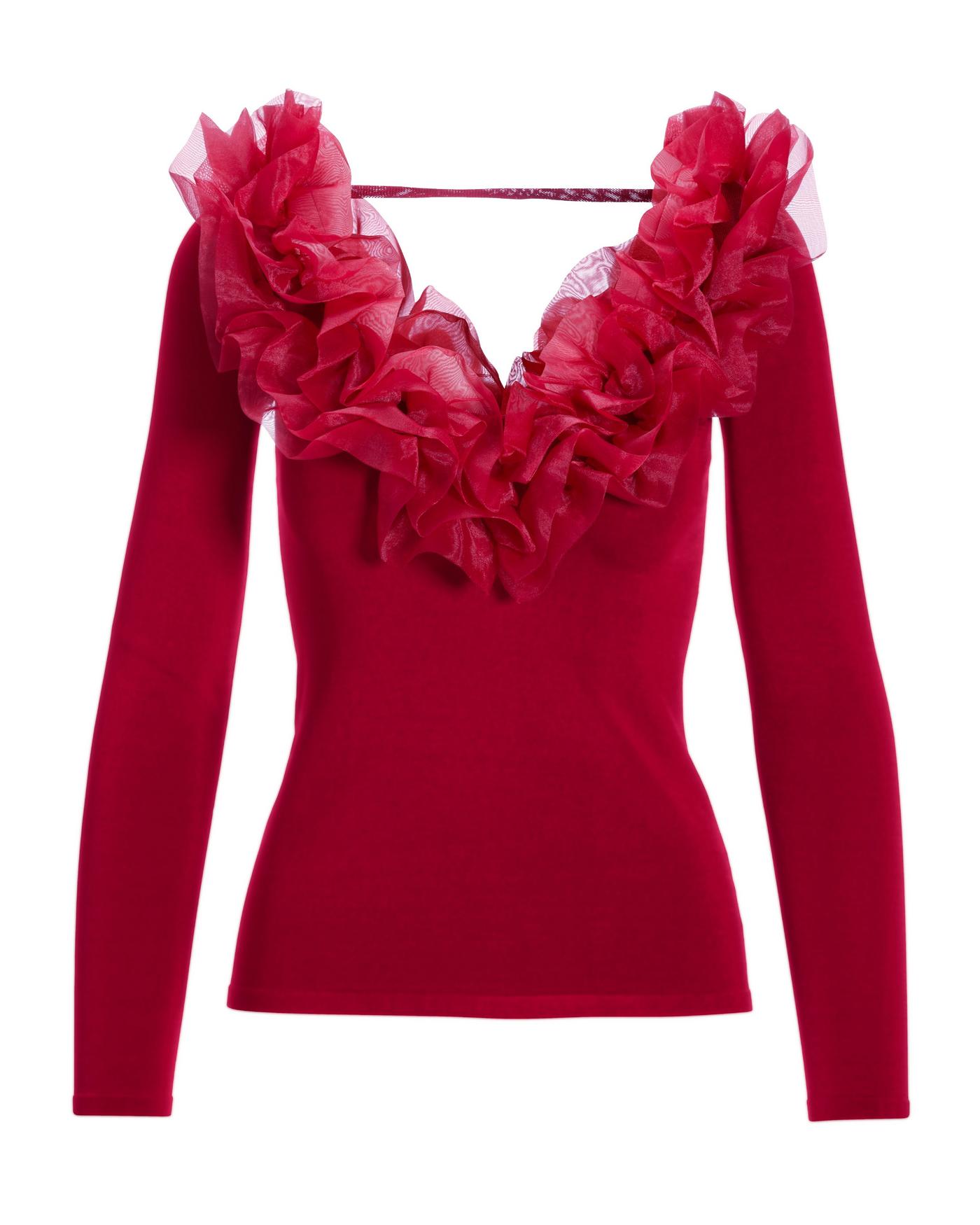 Organza Ruffle V Neck Sweater - Jester Red | Boston Proper