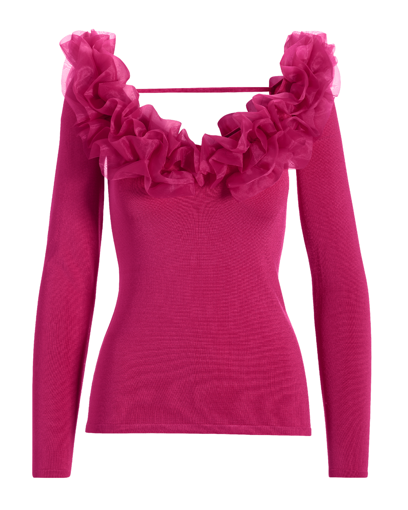 Organza Ruffle V Neck Sweater Raspberry