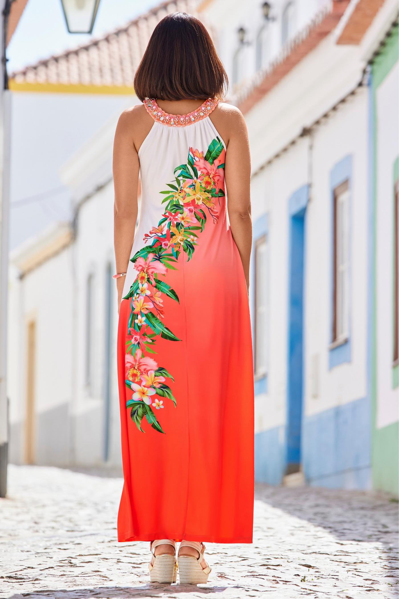 getaway sleeveless maxi dress Getaway Floral Embellished Knit Maxi - Coral/Green