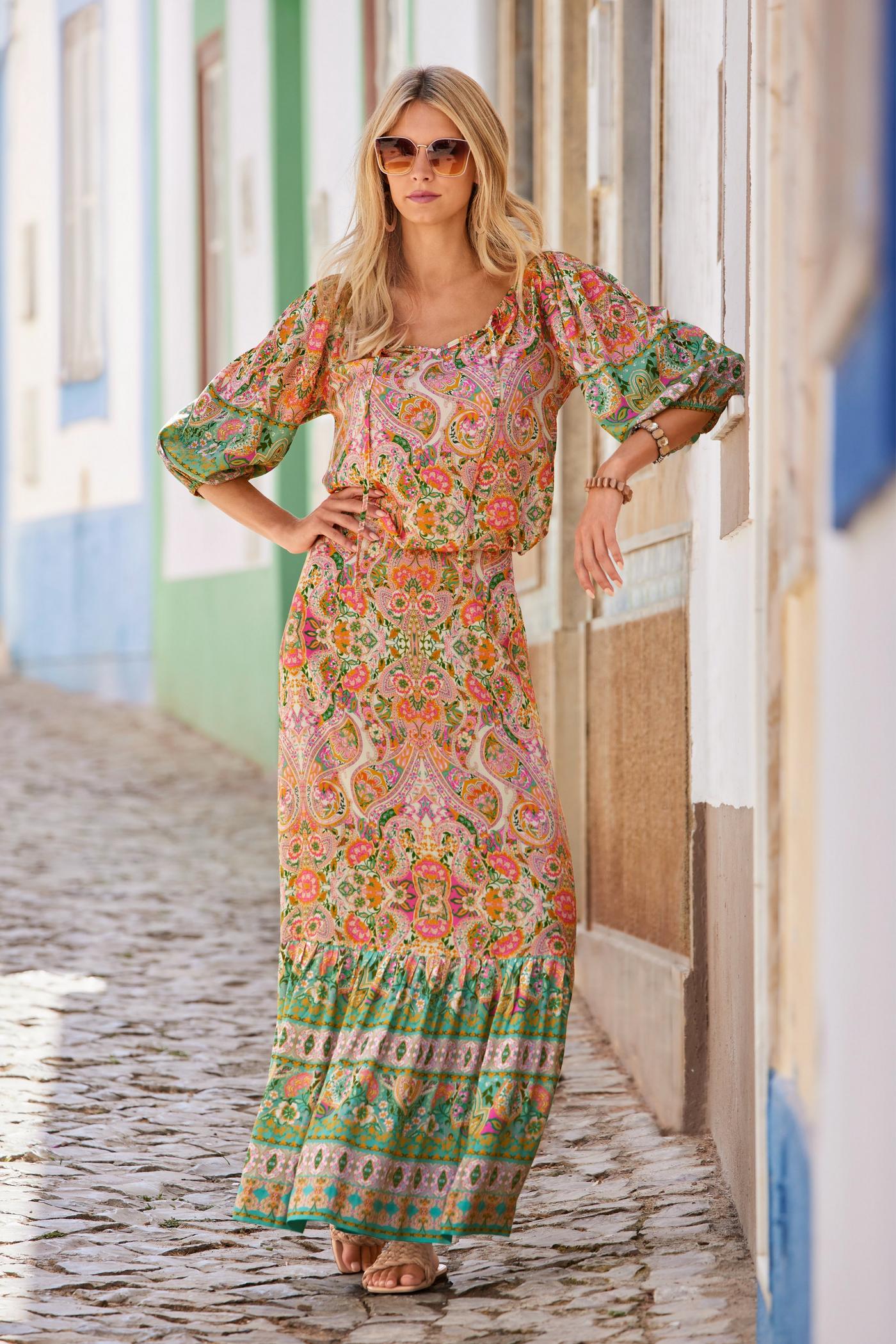 Boho Beach Club Print Blouson Blouse Multicolor Boston Proper - Main Image